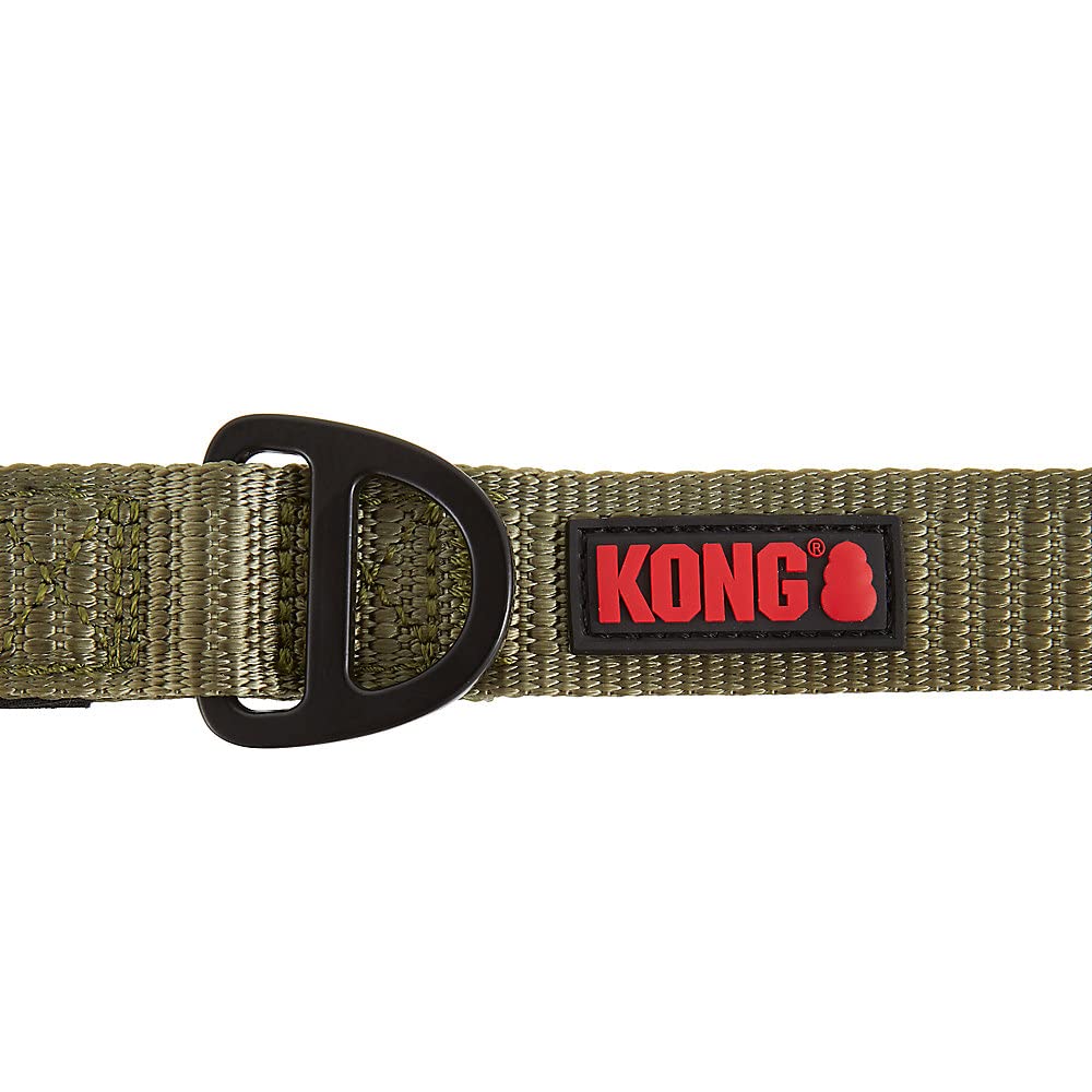 KONG 6ft green leash in action emphasizes traffic control in crowded areas.