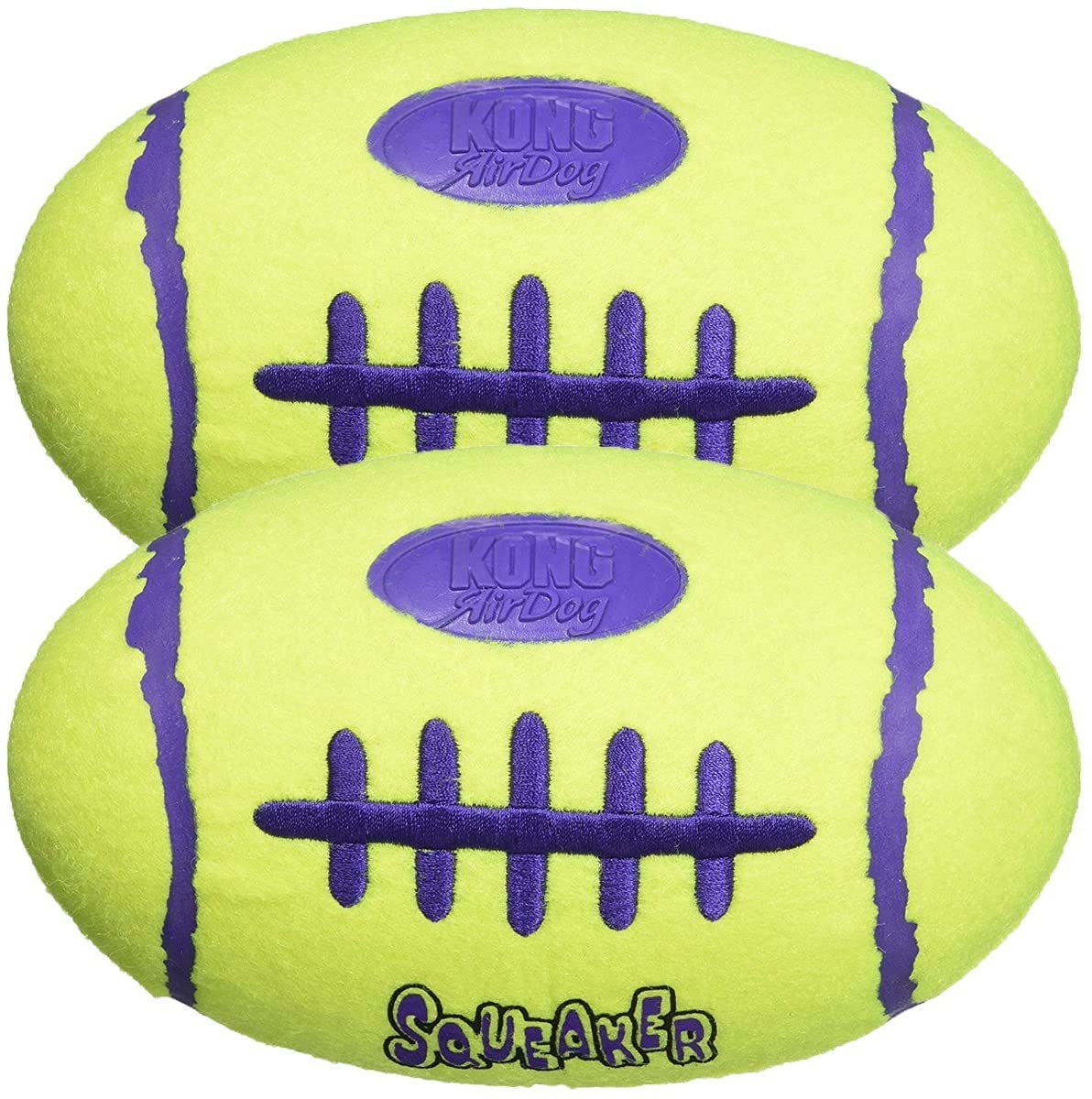 KONG Air Squeaker Football Dog Toy Set of 2 (Medium), front view for fetch and interactive play.