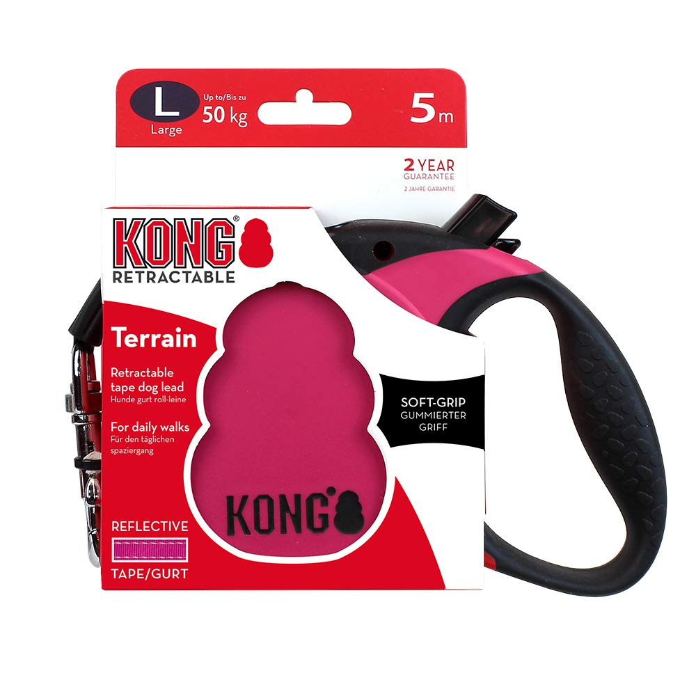 KONG Alcott Terrain retractable leash in fuchsia with reflective stitching for safer evening walks.