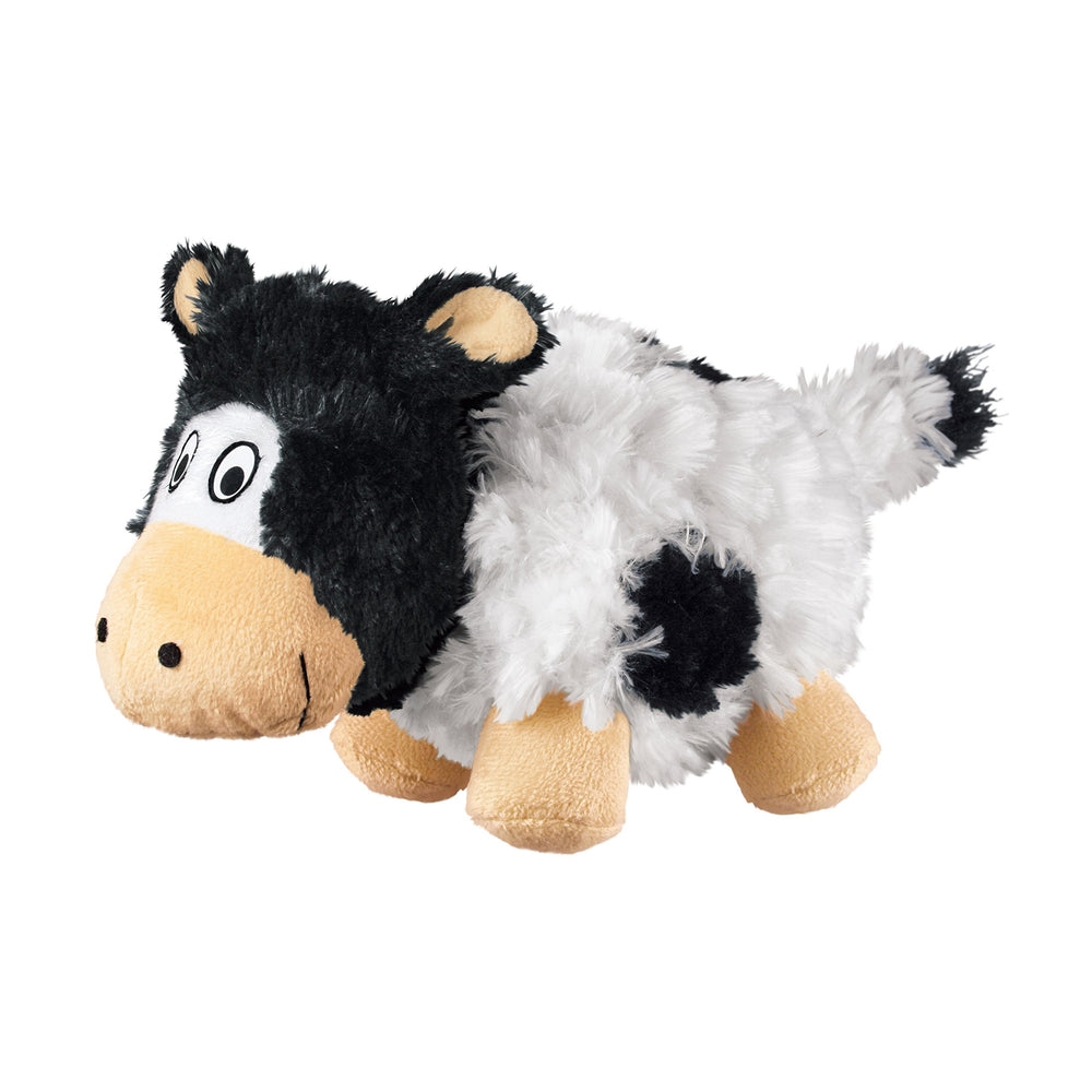 KONG Barnyard Cruncheez Cow toy small front view, plush softness for dogs