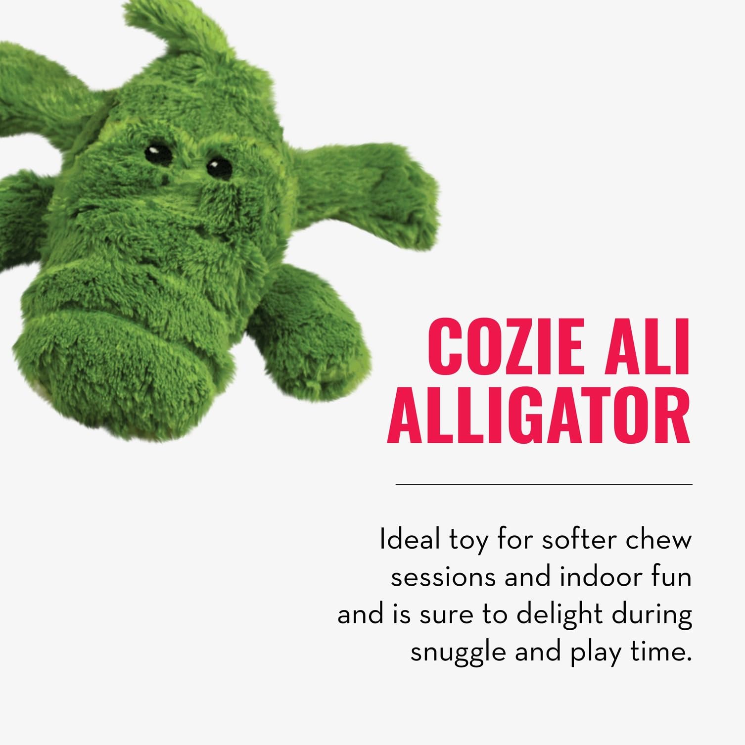 KONG Cozie Ali Alligator interactive squeaker encourages lively play.
