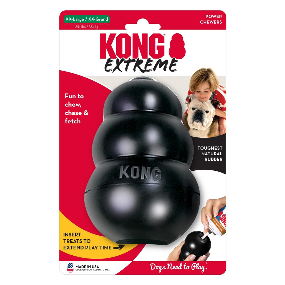 KONG Extreme black rubber chew toy satisfies instinctual chewing and boredom relief.