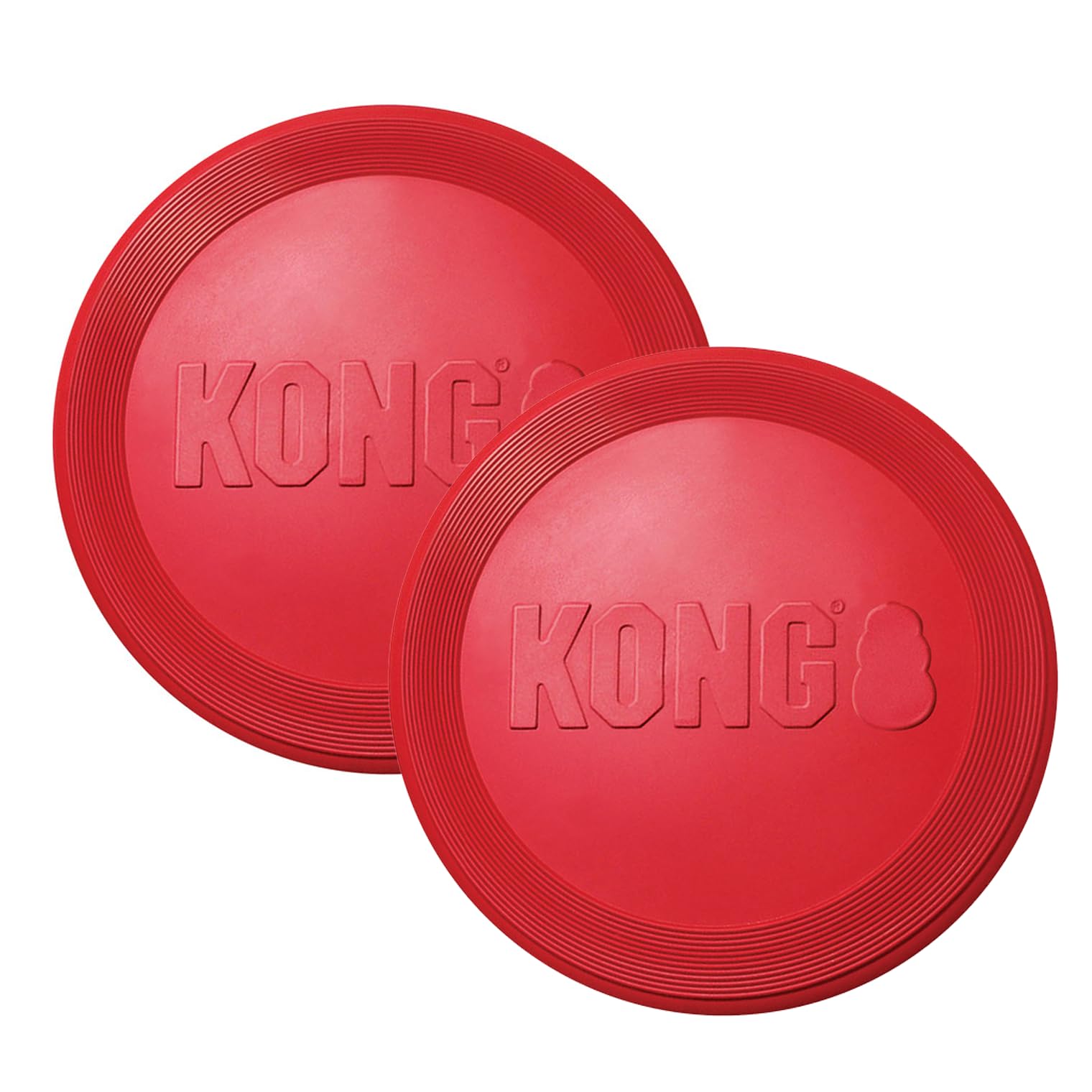 KONG Flyer red rubber disc in 2-pack for safe fetch at the park.