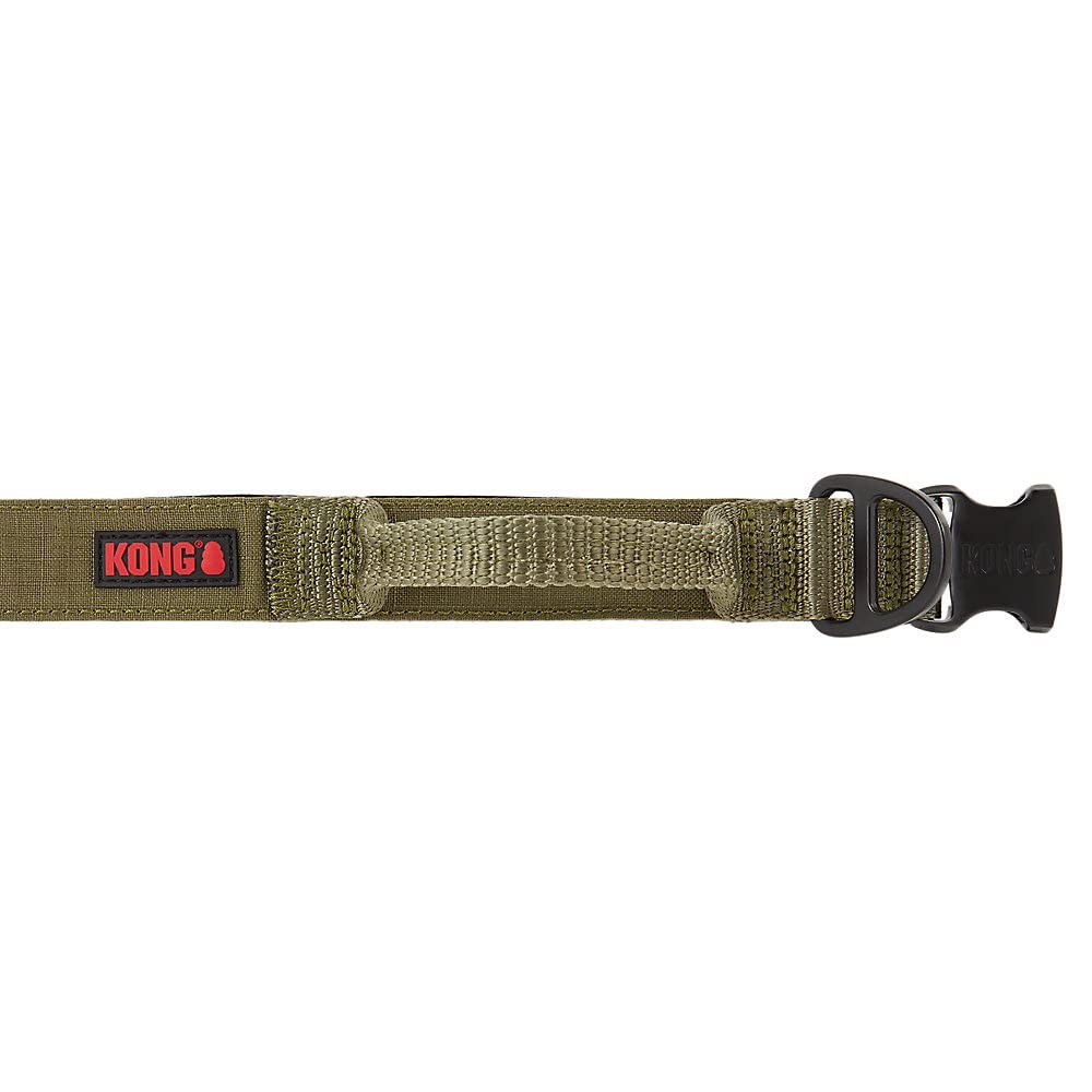 KONG Ultra Durable Padded Comfort Handle Dog Collar fully adjustable with size range for a secure, comfortable fit.