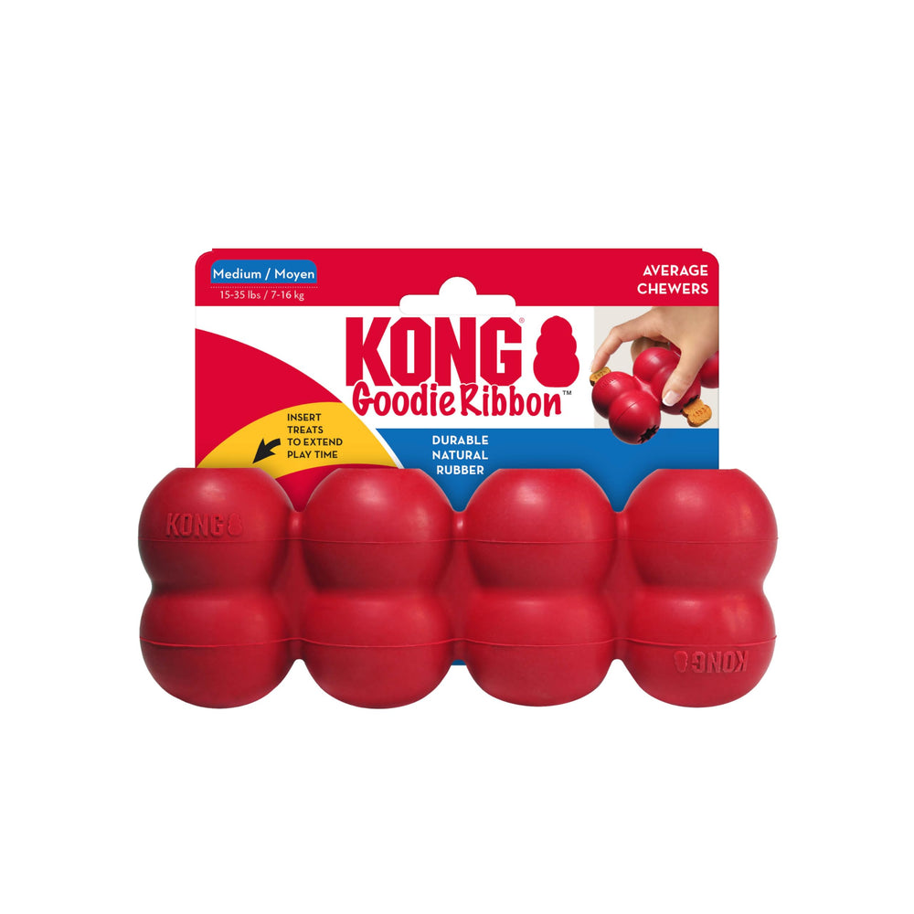 KONG Goodie Ribbon four grippers close-up highlights treat slots for mental stimulation.