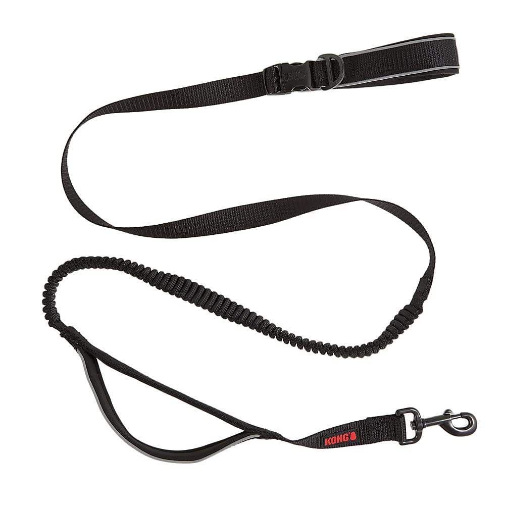 KONG hands-free waist strap leash with bungee reduces pulling strain during walks.