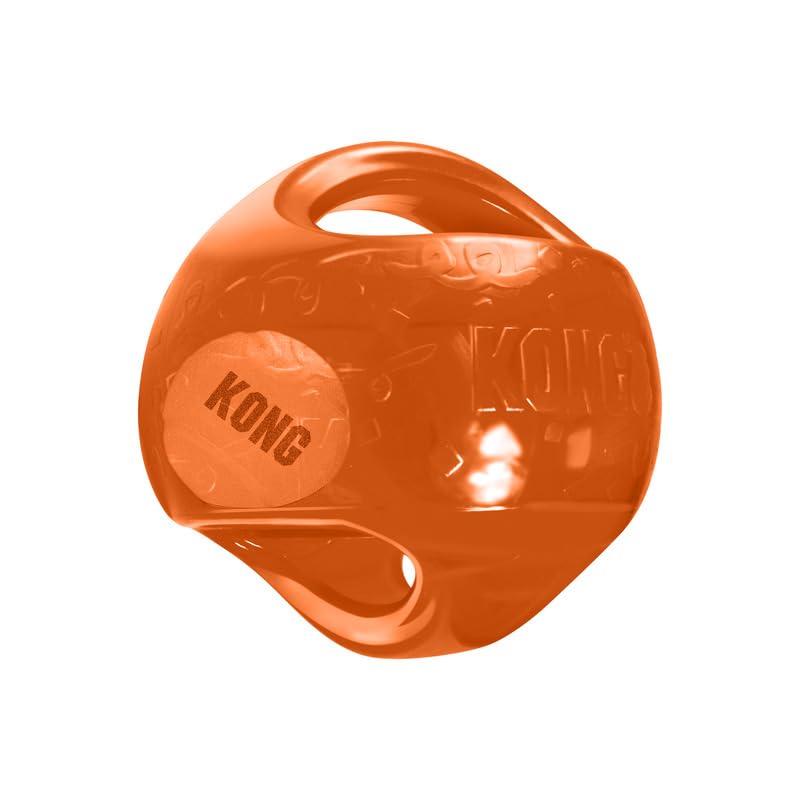KONG Jumbler Ball easy-grip handles for quick pickup and tug.
