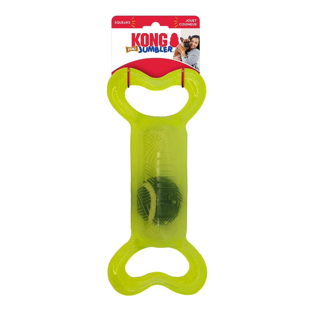 KONG Jumbler Tug product-closeup showing squeaker and ball.