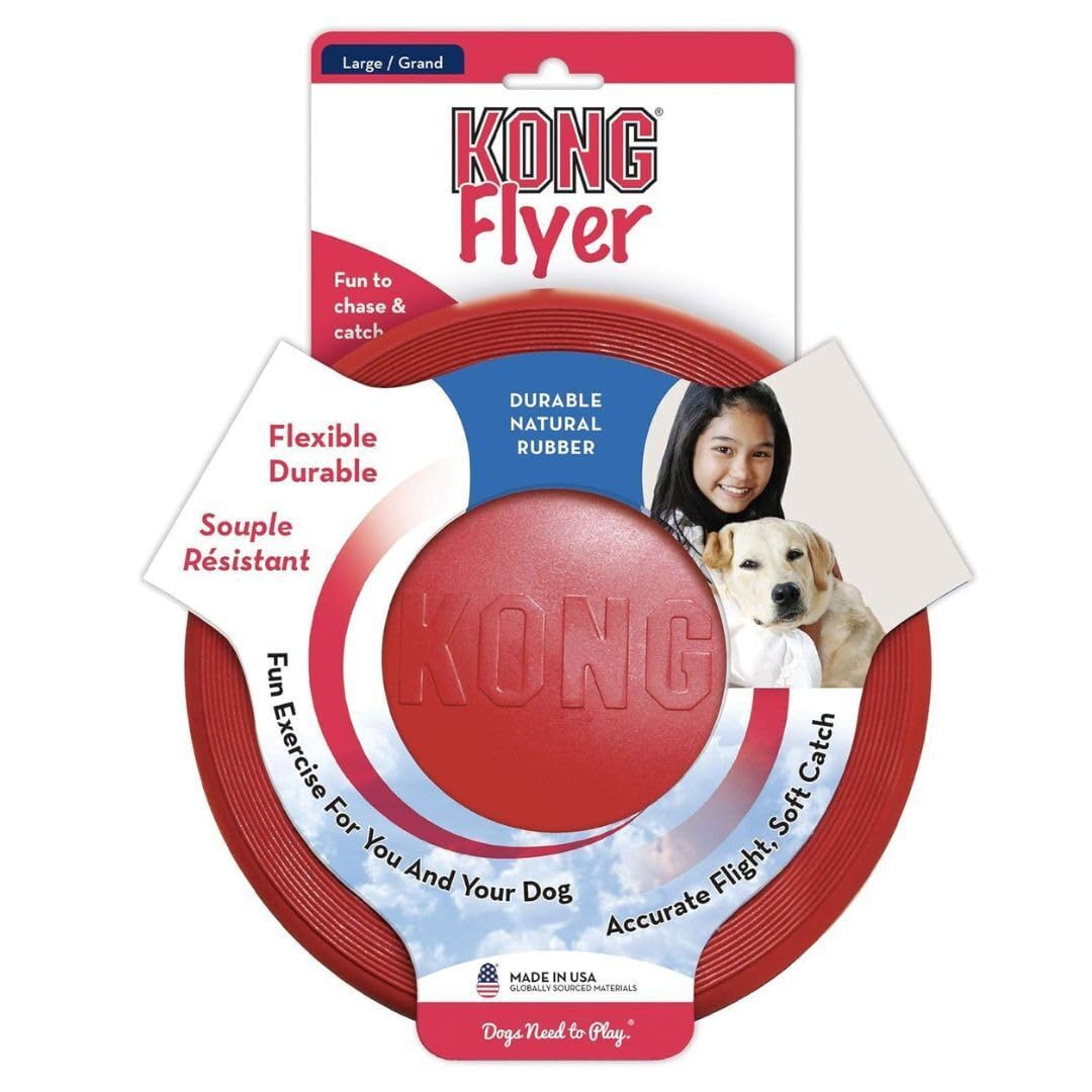 KONG Rubber Flyer large red side view, high-visibility outdoor fetch toy.