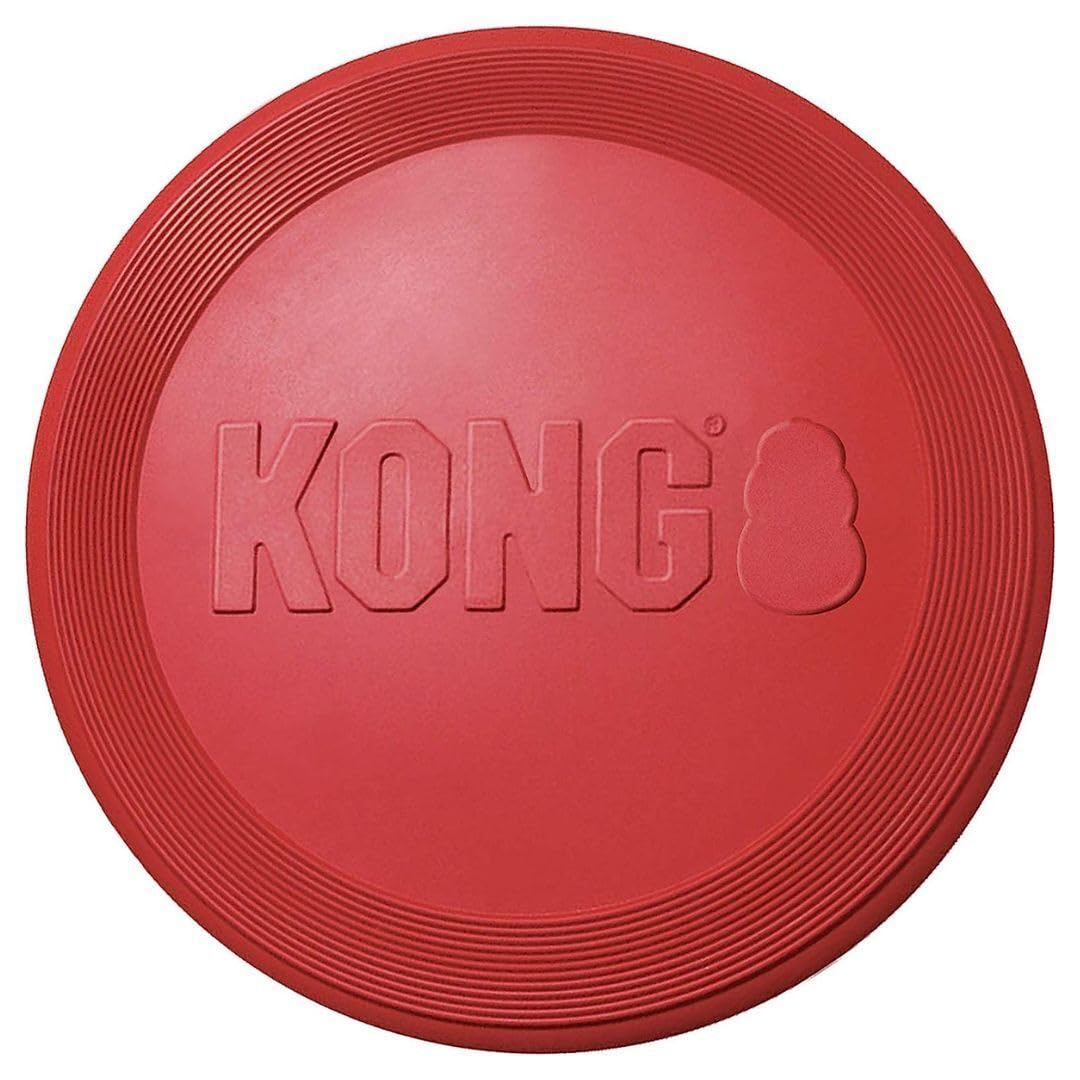 KONG Rubber Flyer large red top view, gentle option for interactive play.