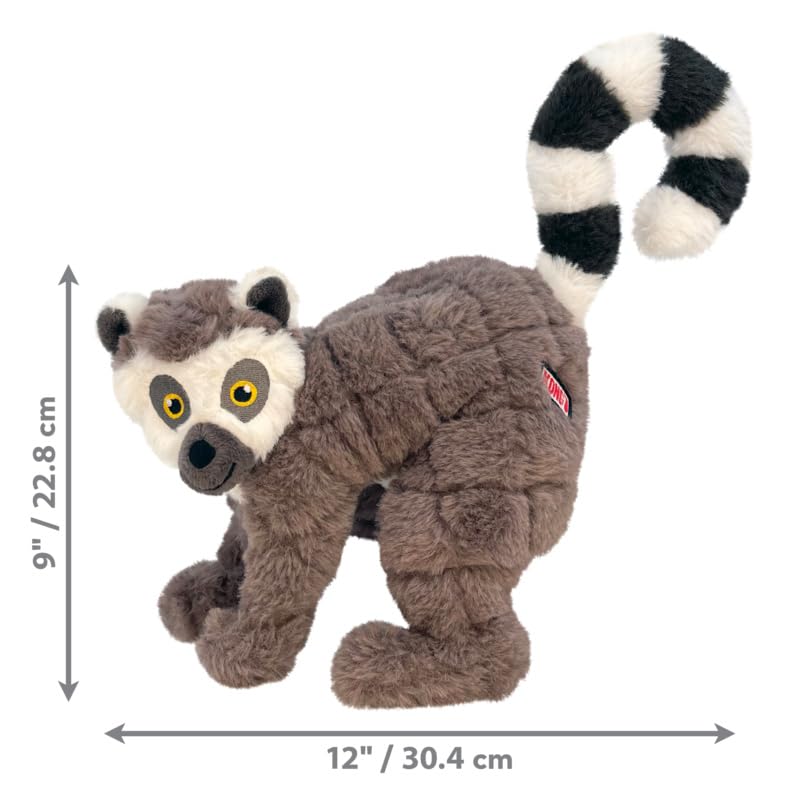 KONG Scampers Lemur, detalle de costuras, durabilidad para mordisqueos suaves.