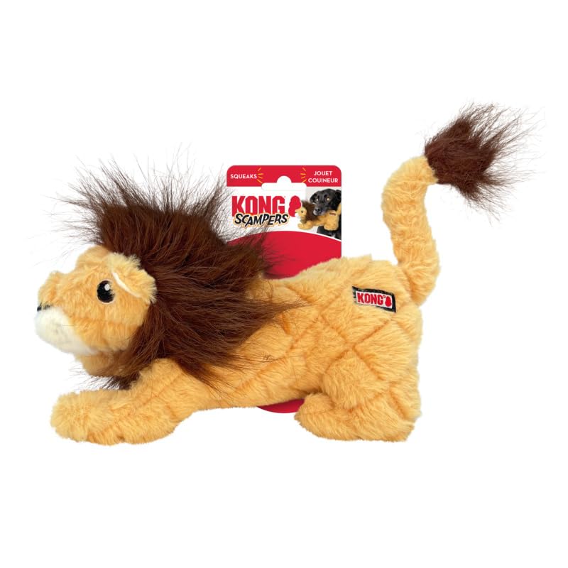 KONG Scampers Wildlife Lion squeaker image shows how the low-tone sound sparks curious nuzzling.