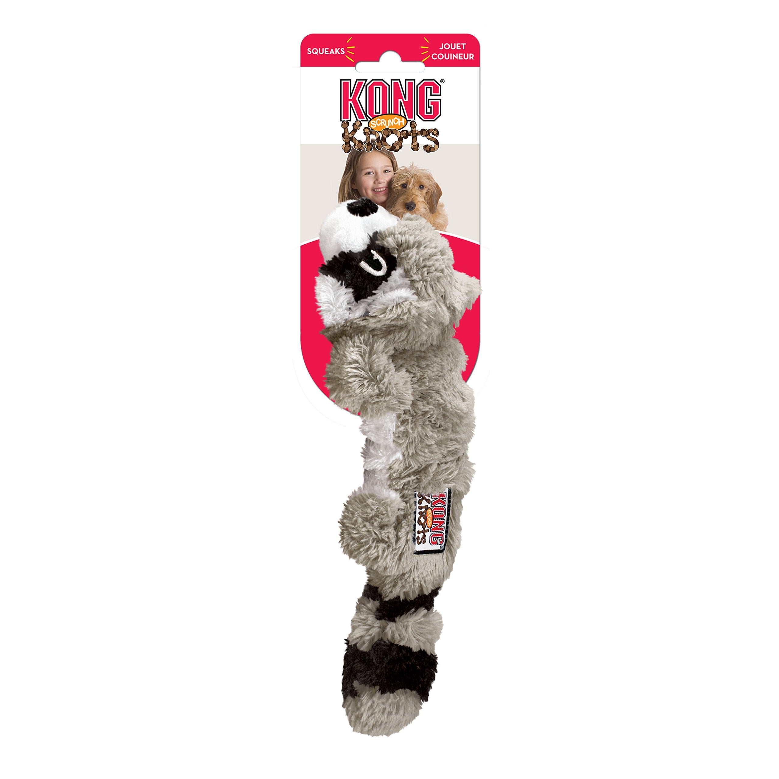 KONG Scrunch Knots Raccoon features squeaks for interactive play