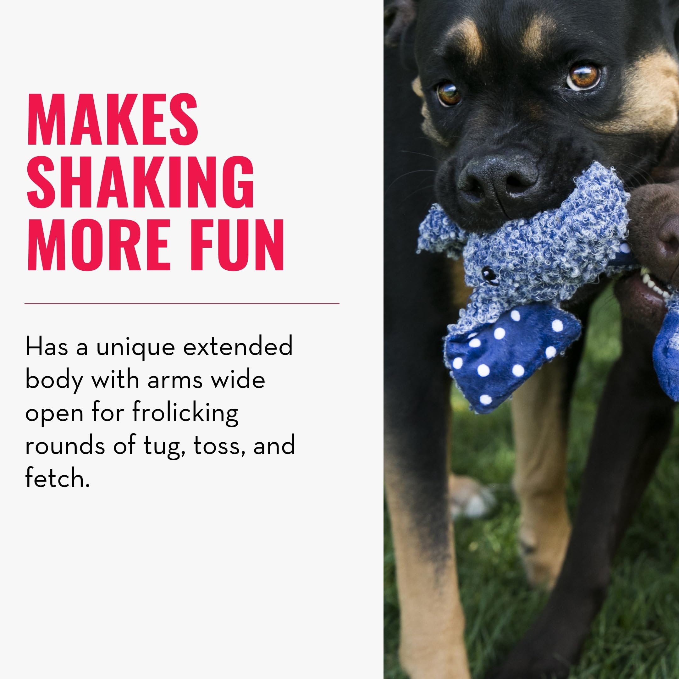 KONG Shakers Luvs Elephant blue fetch-position supports gripping and rewarding fetch play.