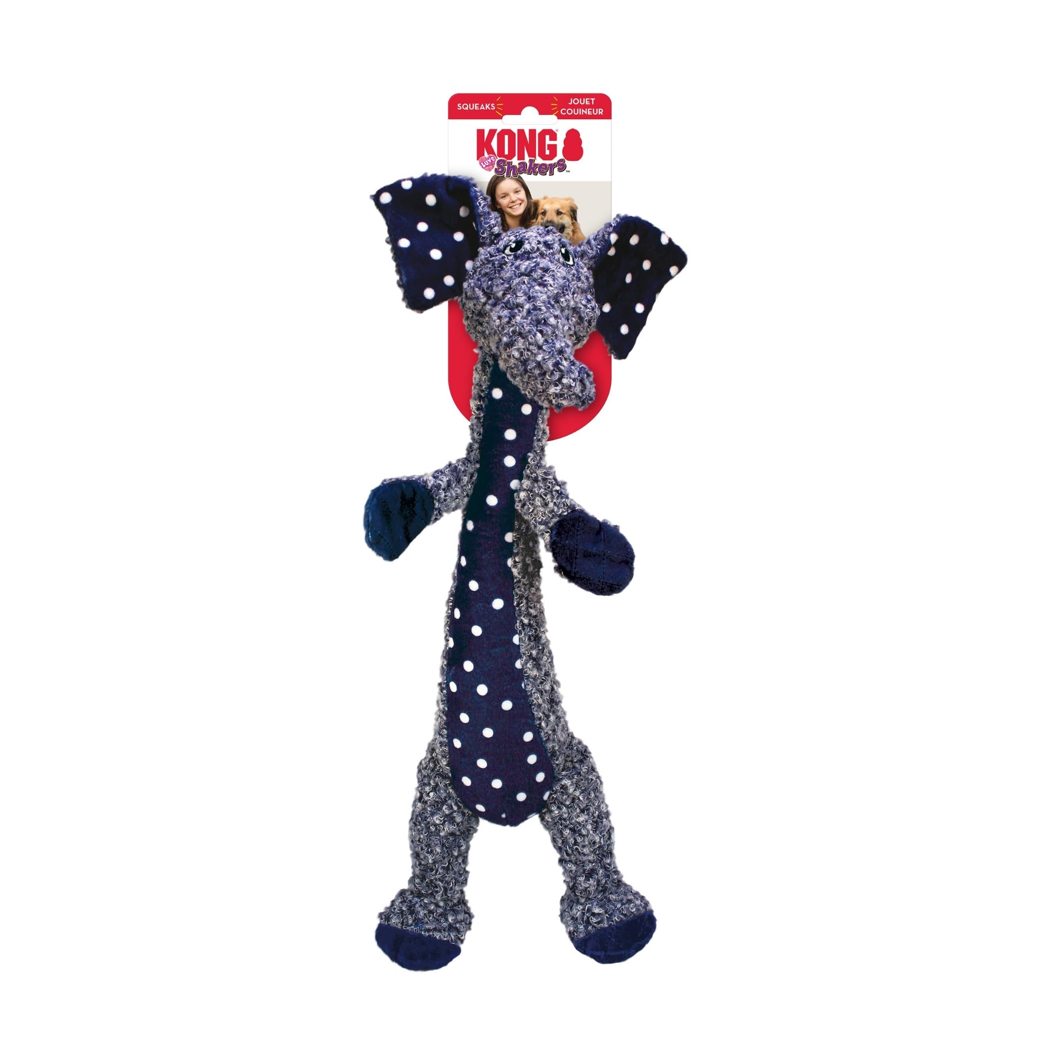 KONG Shakers Luvs Elephant blue in-action demonstrates real-life fetch and toss scenarios.