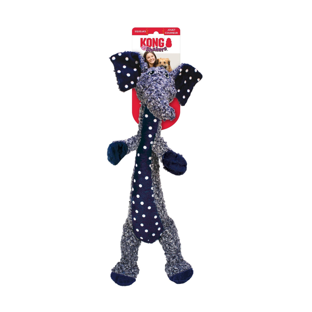 KONG Shakers Luvs Elephant blue in-action demonstrates real-life fetch and toss scenarios.