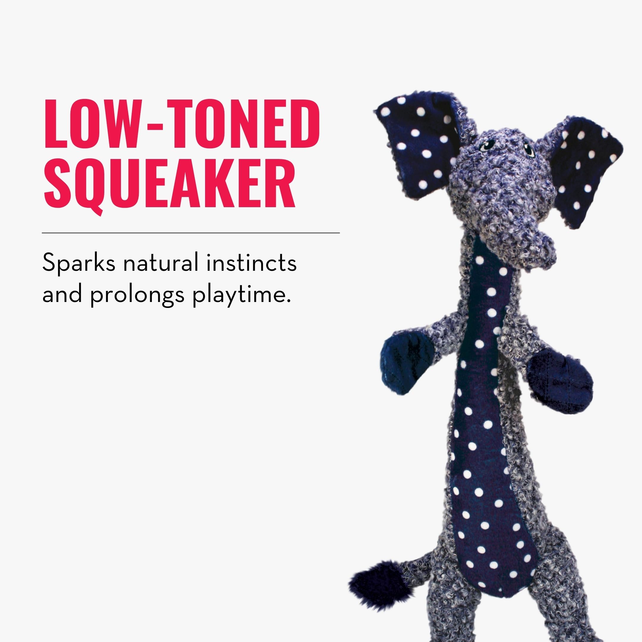 KONG Shakers Luvs Elephant blue long-body-play highlights extended shaking sessions.