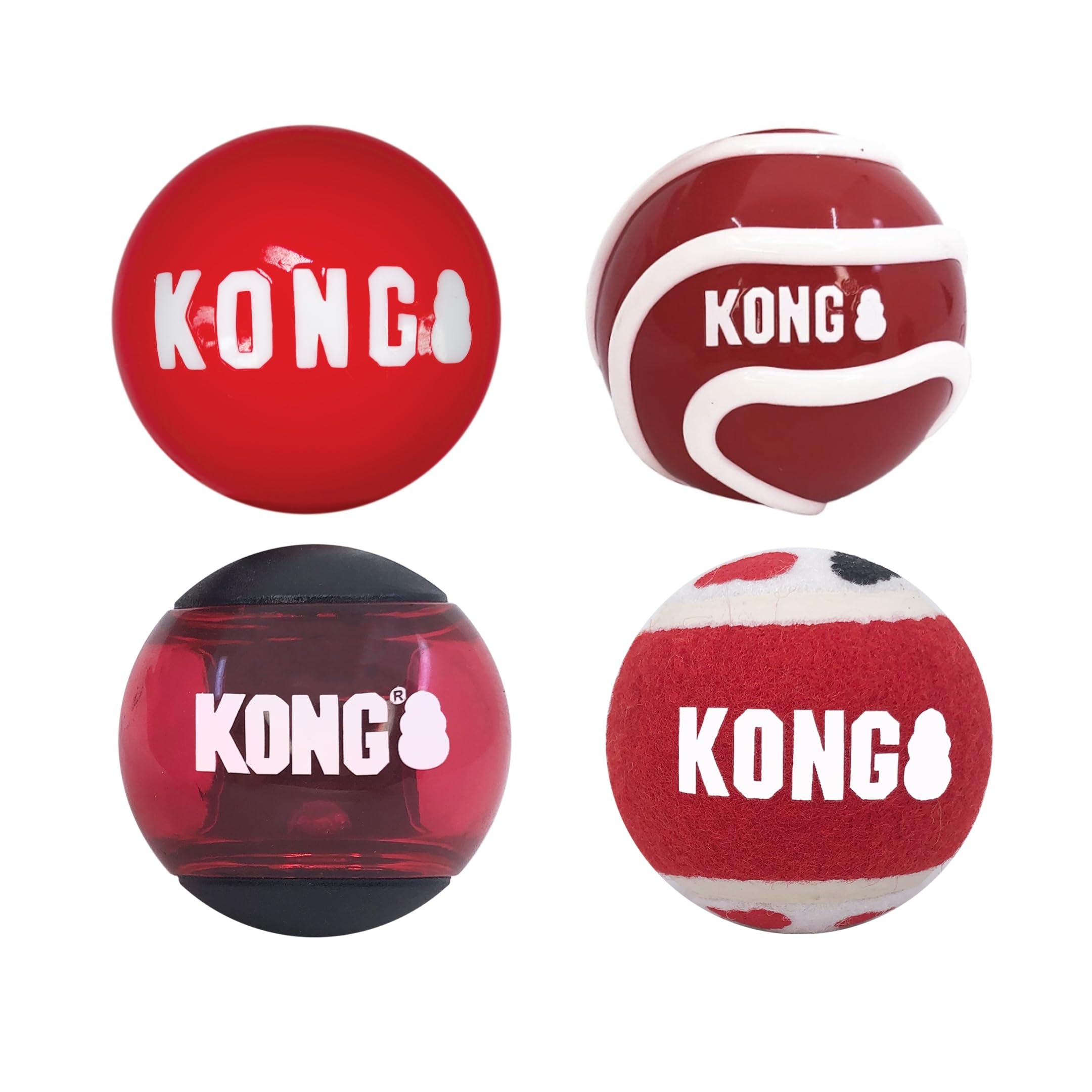KONG Signature Assorted Balls front view in medium four-pack for fetch-ready play