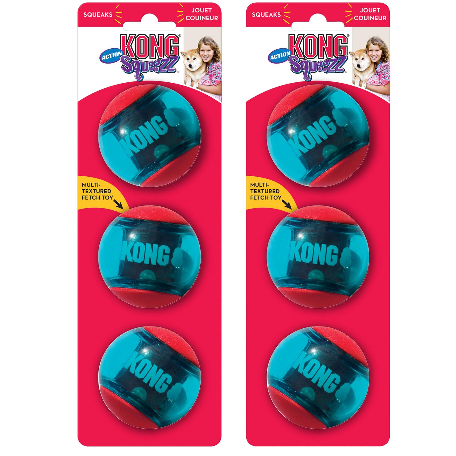 KONG Squeezz Action Ball red closeup supports durable fetch sessions.