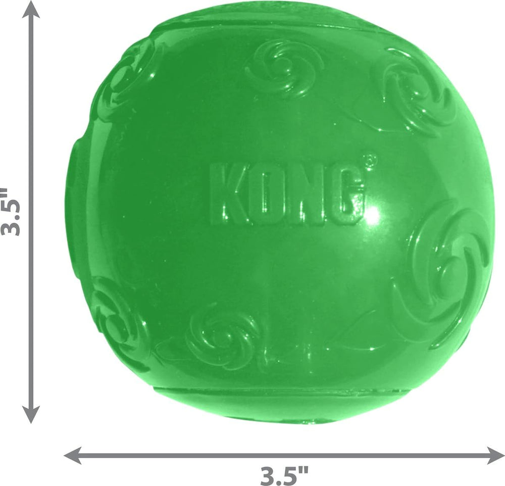KONG Squeezz Ball features recessed squeaker delivering engaging squeaks during toss