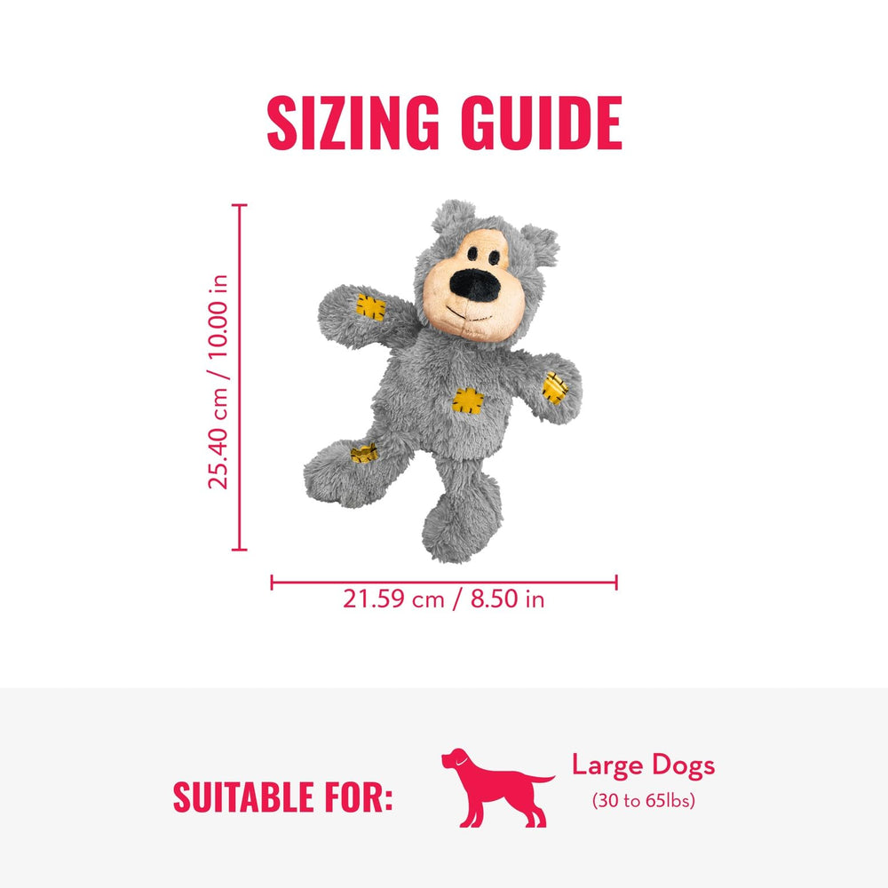 KONG Wild Knots Bear squeaks and crinkles to entice interactive play.