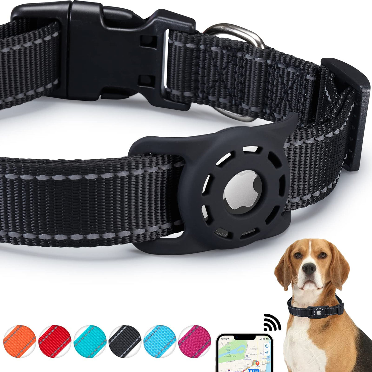 Collar reflectivo Konity con AirTag y caso integrado para mayor visibilidad.