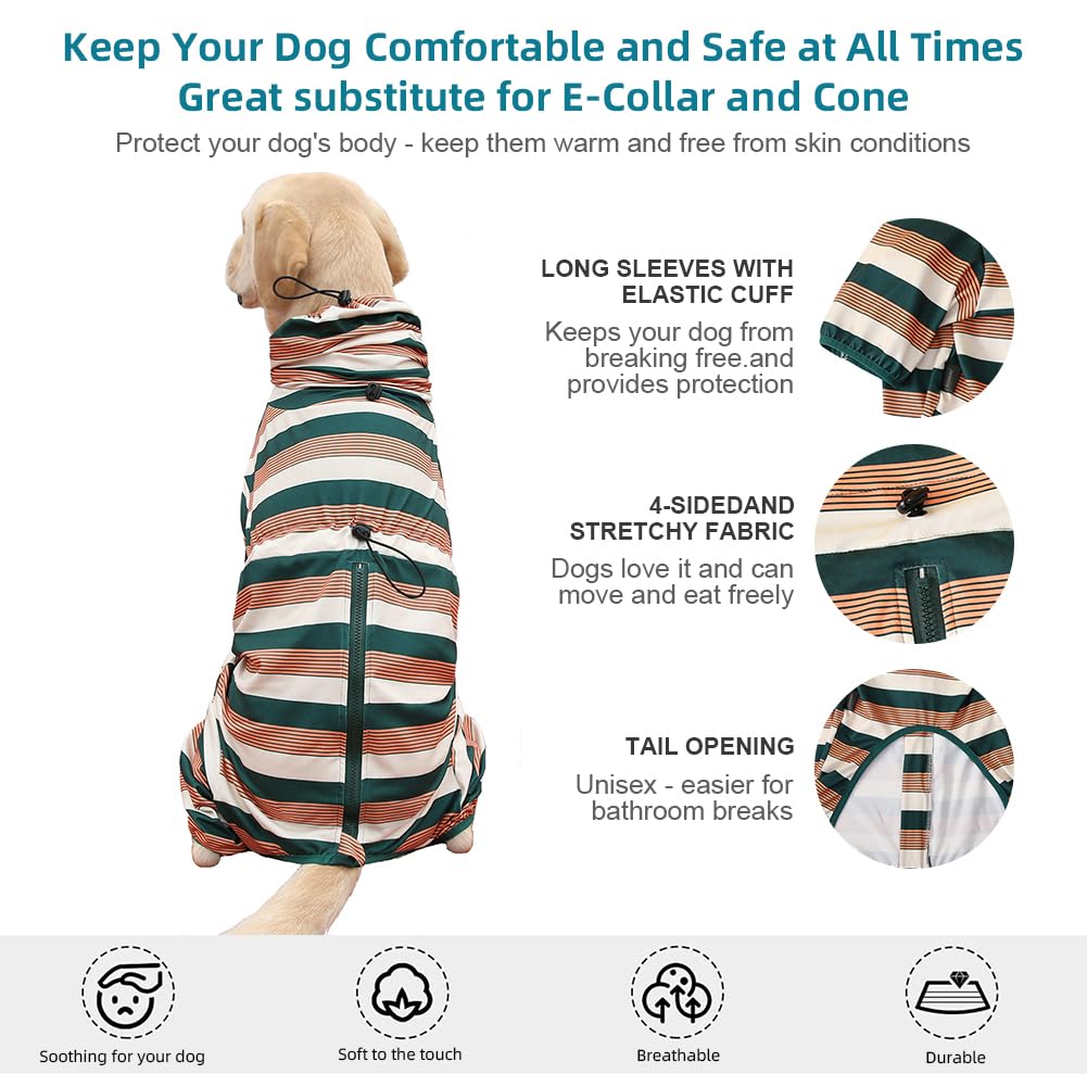 KOOGAL four-legged jumpsuit on a sleeping dog for cozy containment.