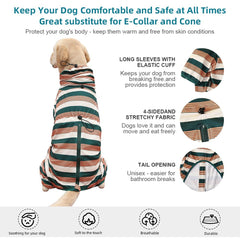 KOOGAL four-legged jumpsuit on a sleeping dog for cozy containment.