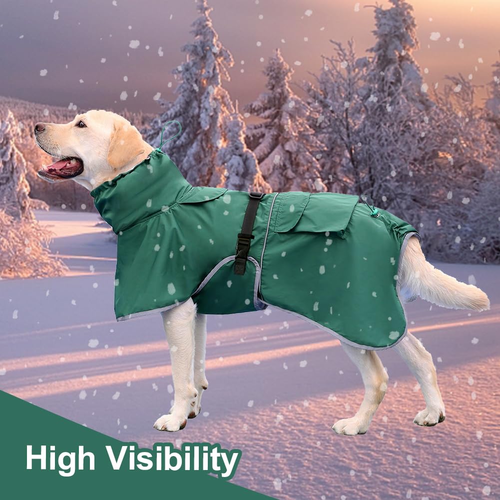KOOGAL dog raincoat green leash opening for harness attachment.