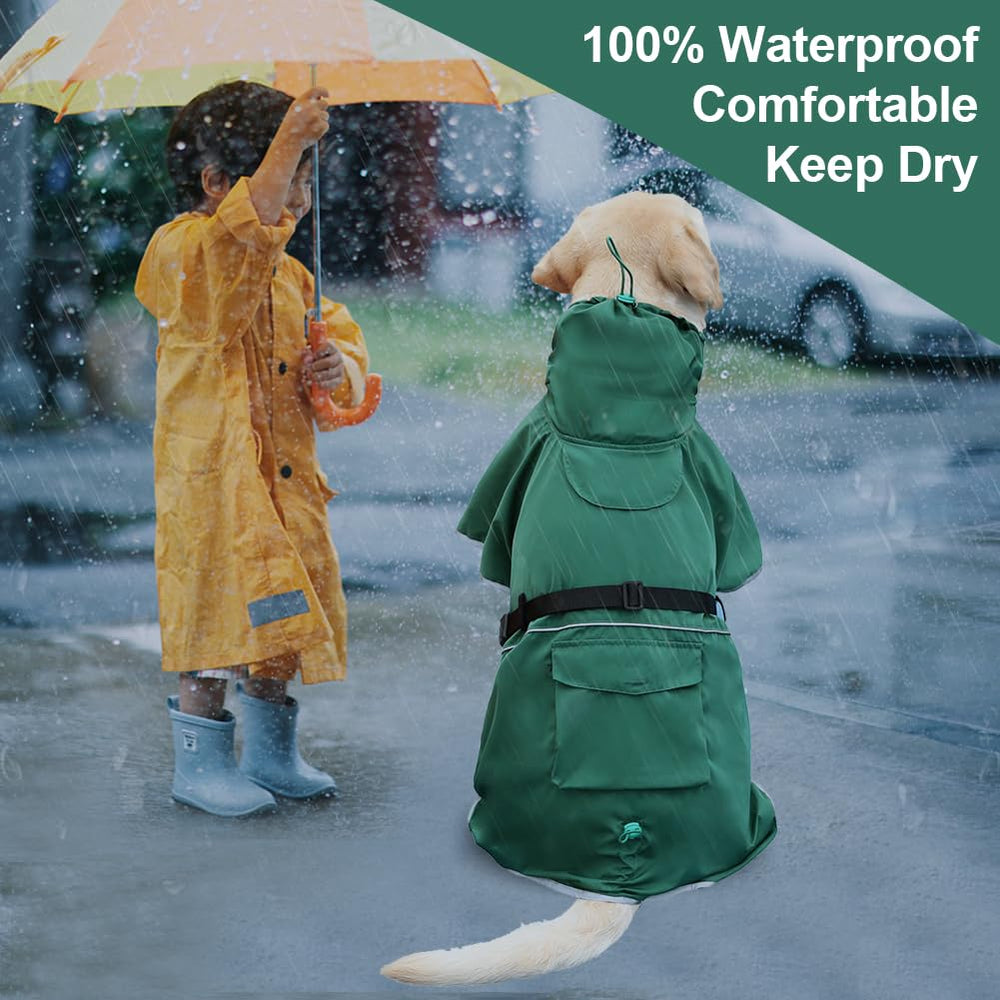 KOOGAL dog raincoat green leg-straps keep coat centered against wind.