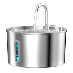 KOOGMOON cat water fountain top view shows sleek stainless steel design for steady hydration.