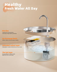 KOOGMOON cat water fountain filtration system showcases multi-stage purification.