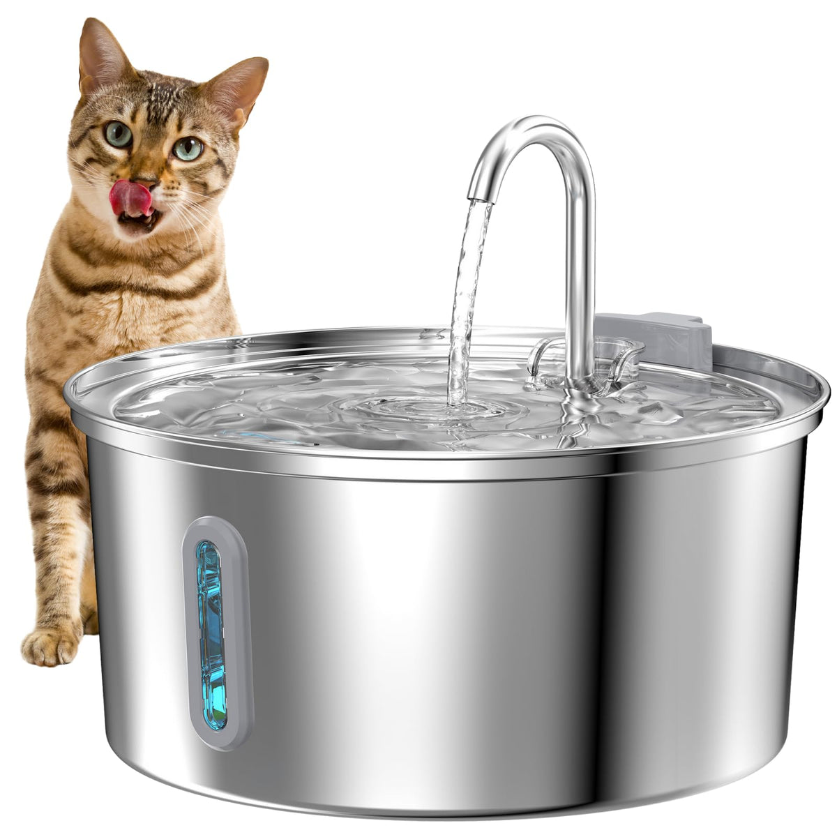 KOOGMOON cat water fountain front view emphasizes durable stainless steel.