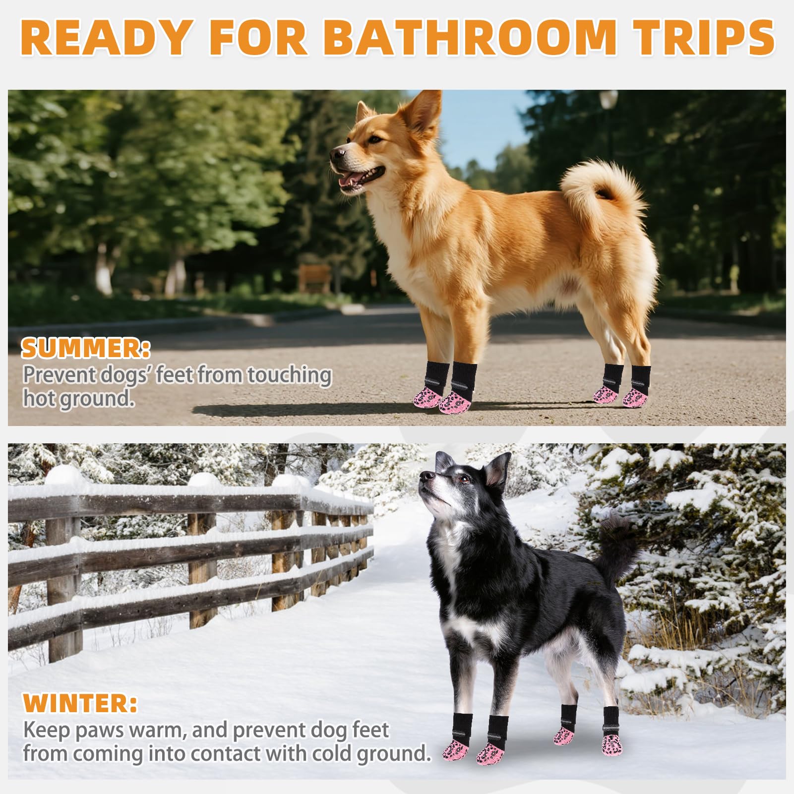 KOOLTAIL dog socks shown during walks to reduce slips on hardwood floors.