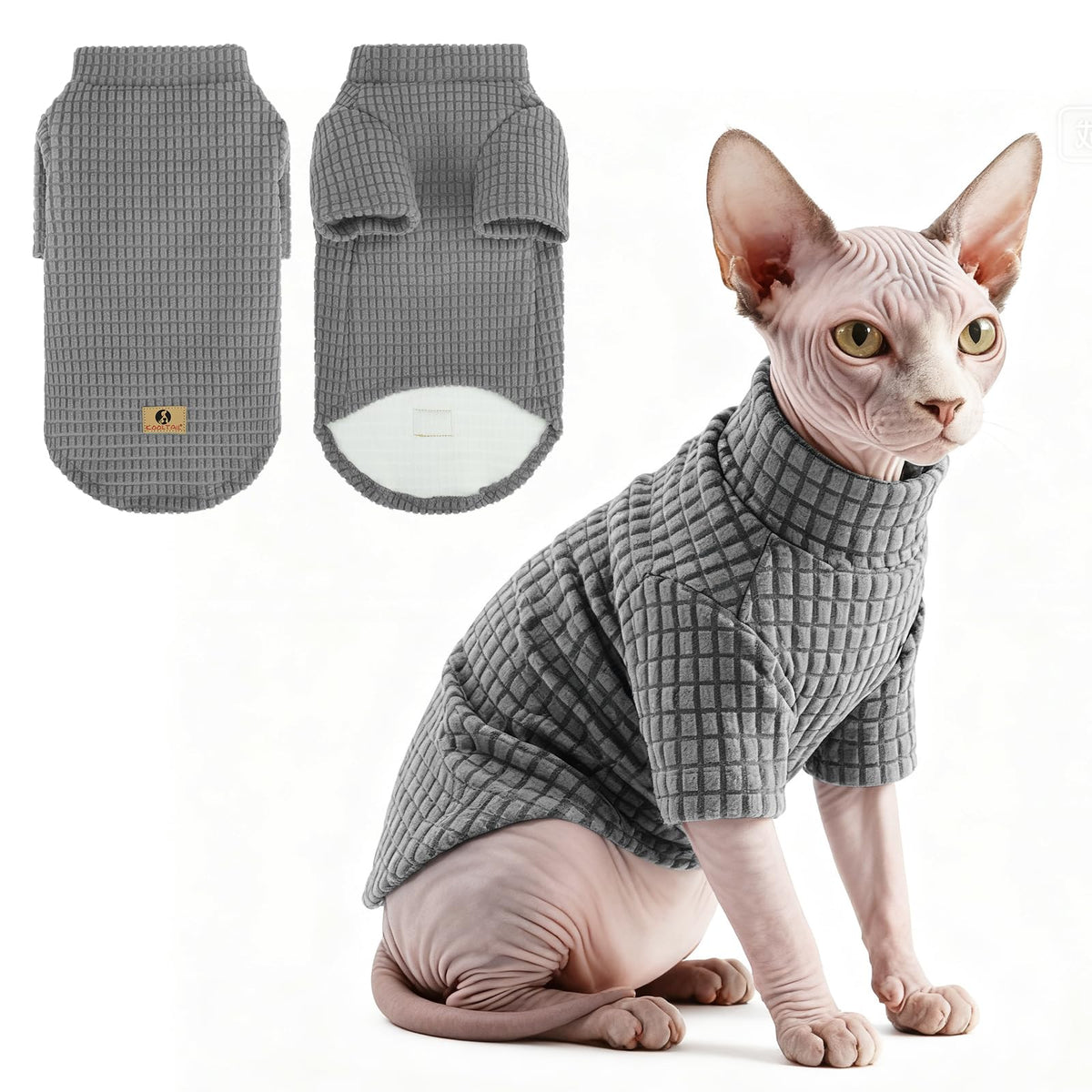 KOOLTAIL cat sweater close-up shows soft-fleece fabric for cozy warmth.