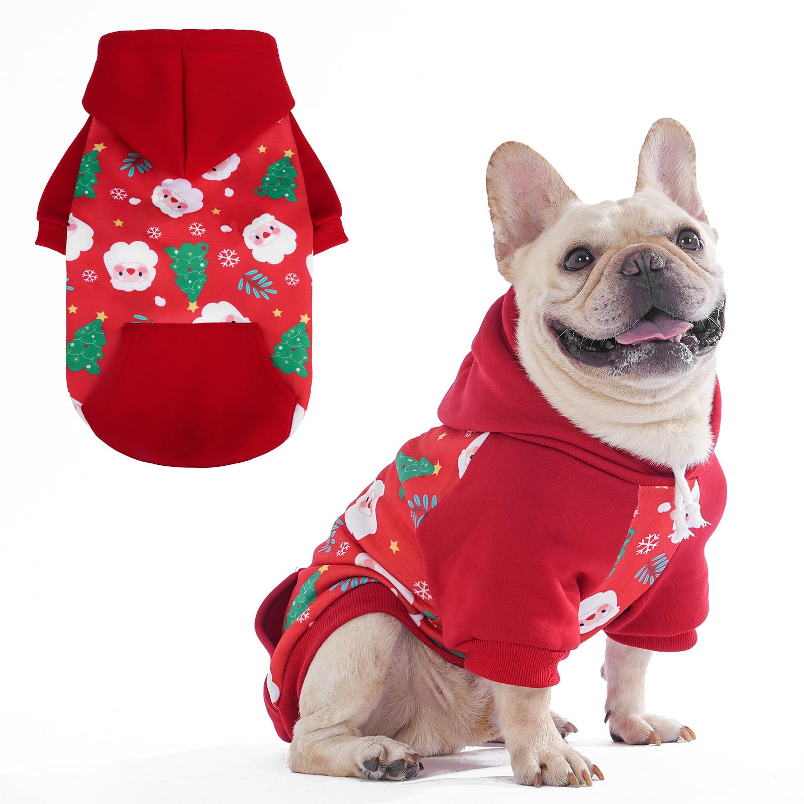 KOOLTAIL Christmas Dog Hoodie front-view highlights warm fabric for cozy winter walks.