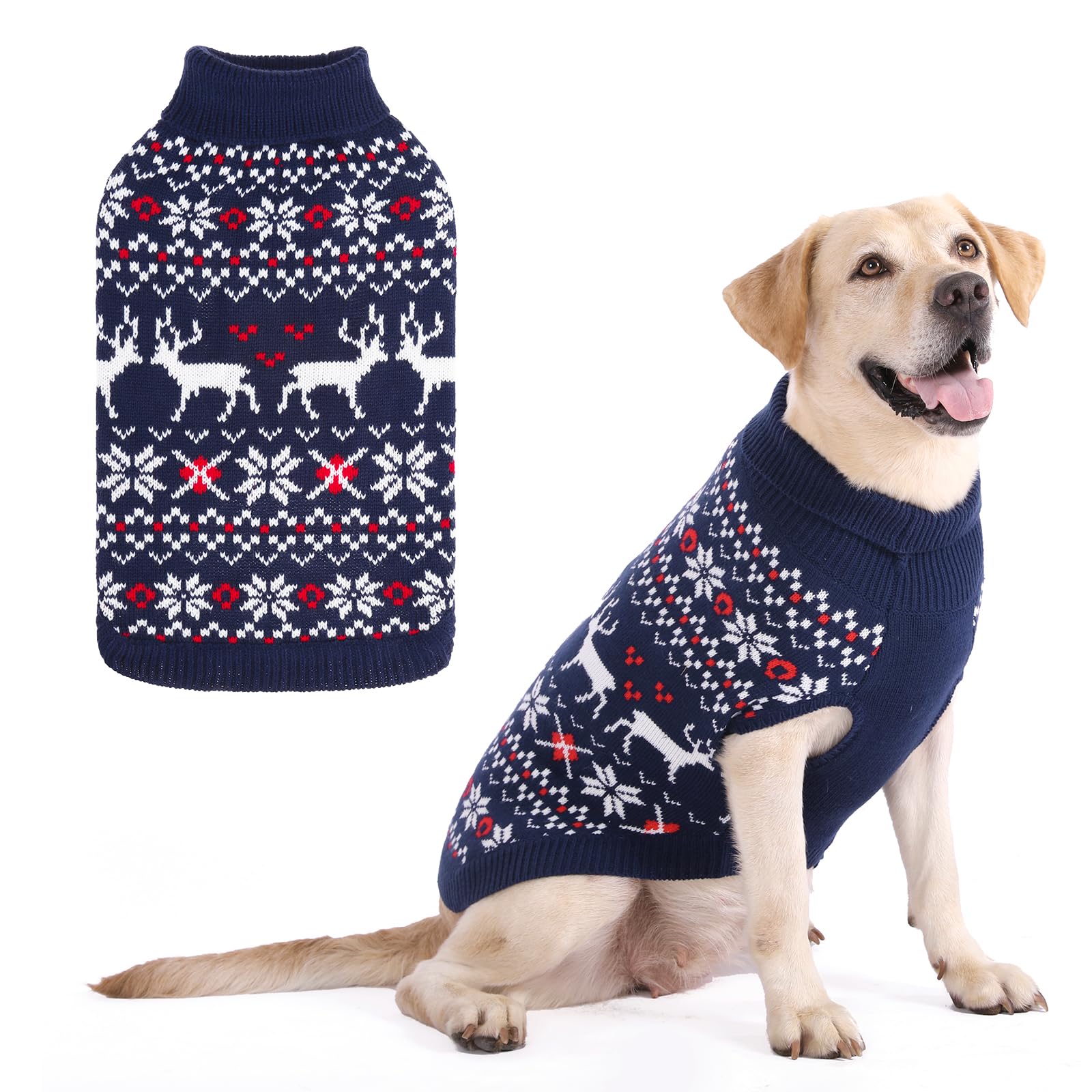 KOOLTAIL Christmas dog sweater with reindeer pattern in navy for festive warmth.