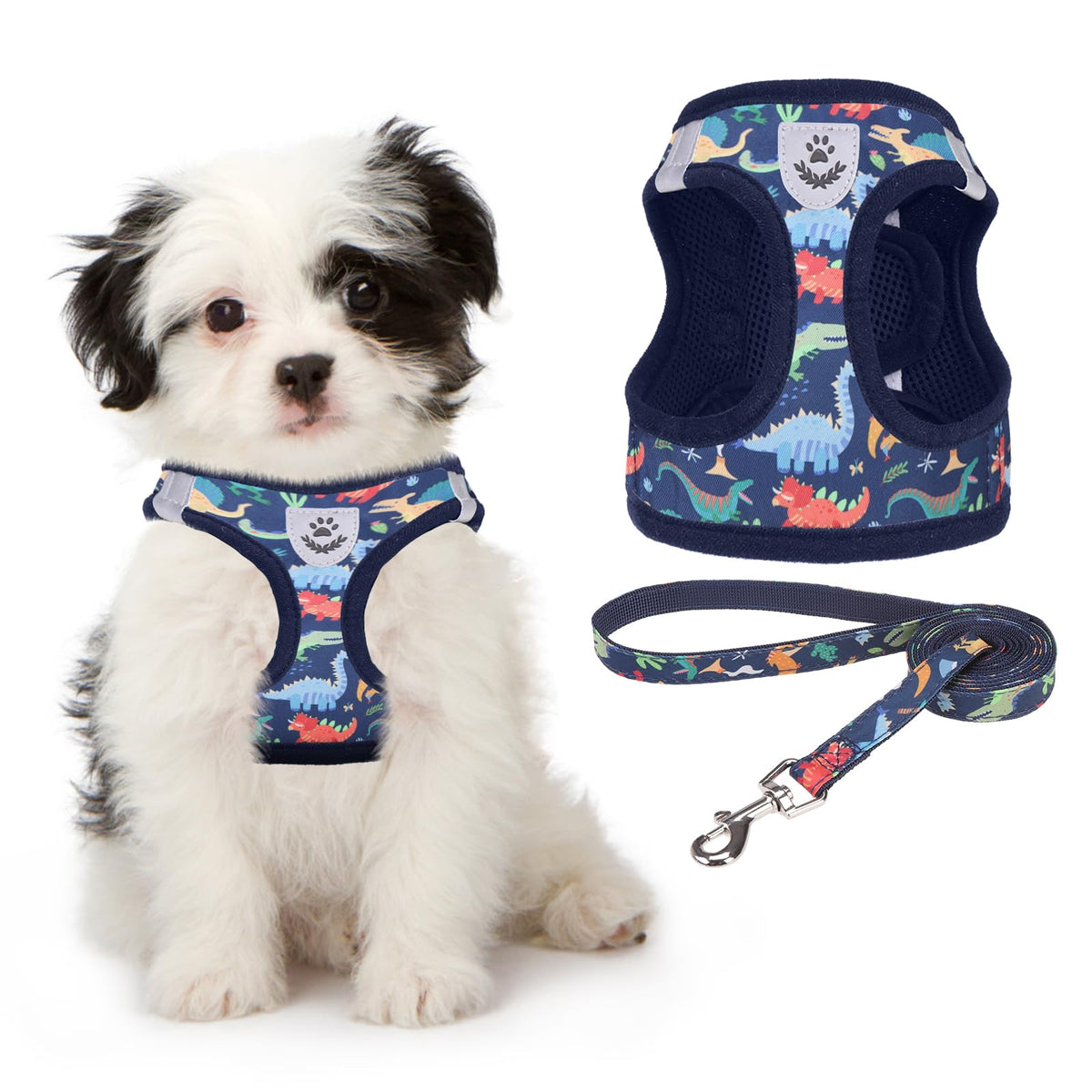 KOOLTAIL dinosaur harness set worn on dog front view for comfortable daily walks.
