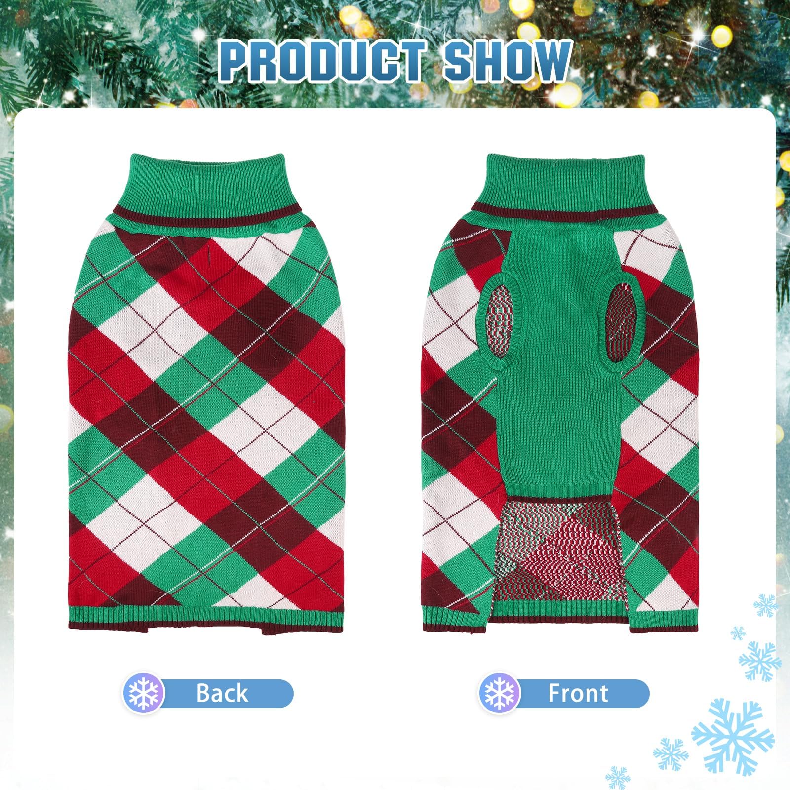 KOOLTAIL dog Christmas sweater plaid green-red back view showcasing festive pattern