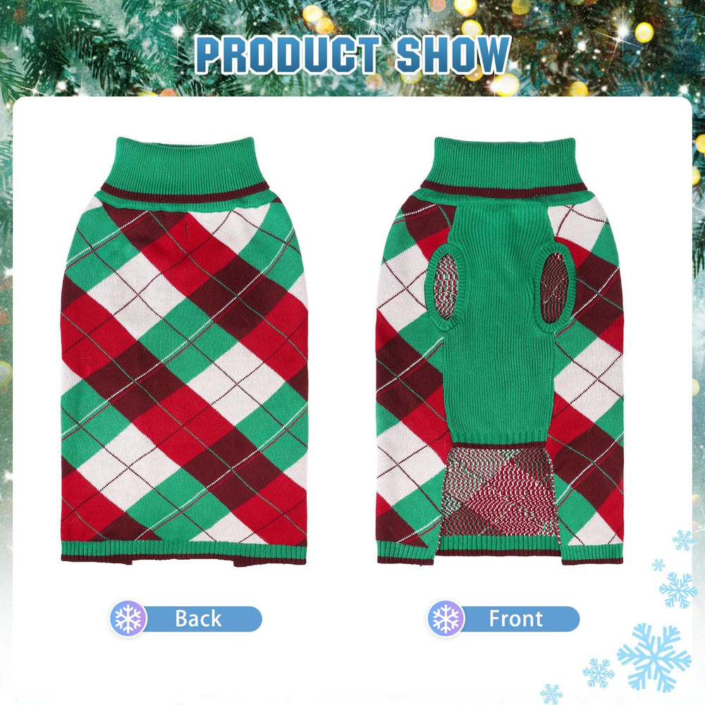 KOOLTAIL dog Christmas sweater plaid green-red back view showcasing festive pattern