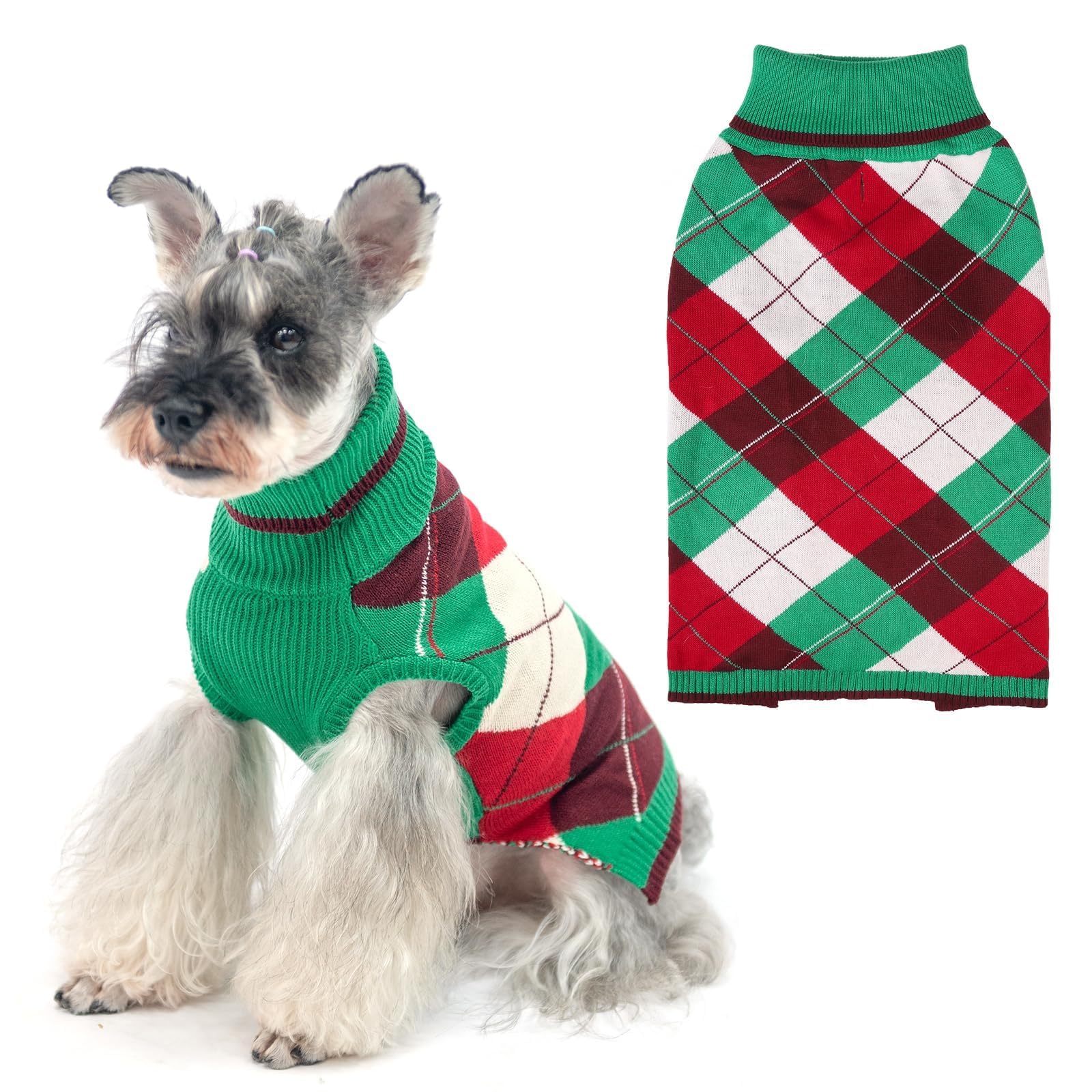KOOLTAIL dog Christmas sweater plaid green-red front view highlighting holiday warmth and style