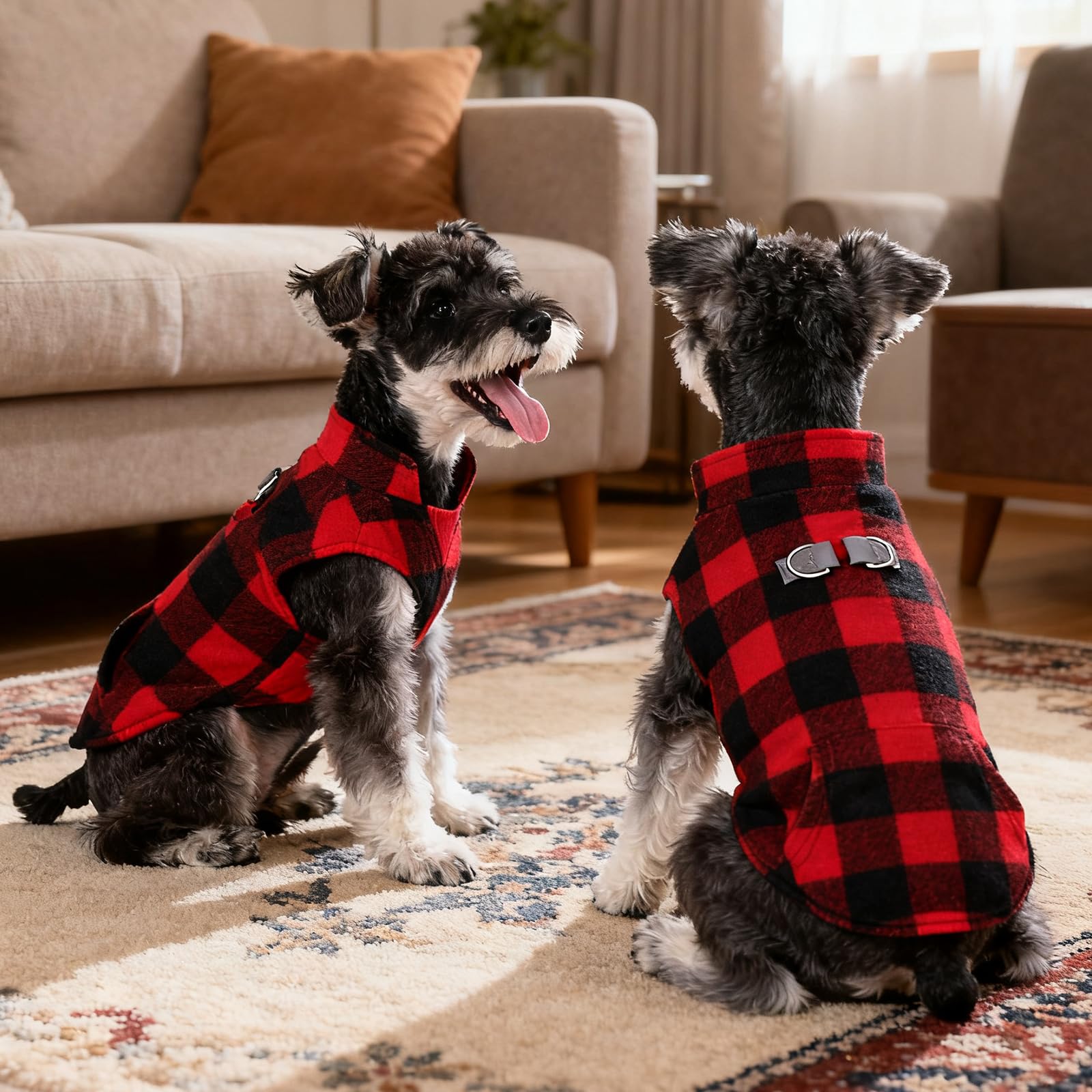 KOOLTAIL model wearing red plaid demonstrates snug, comfortable coverage.