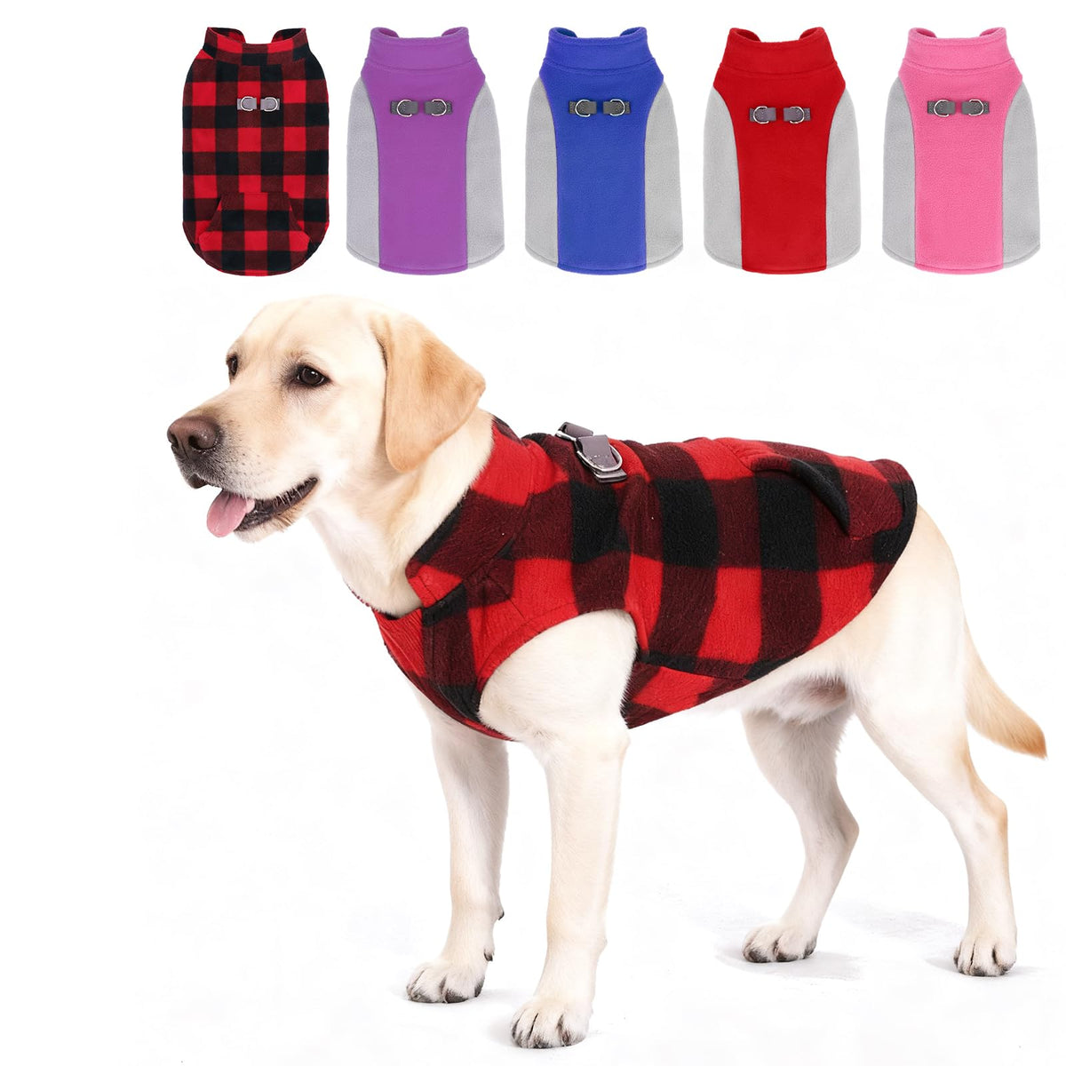 KOOLTAIL dog fleece vest red plaid front view shows cozy warmth