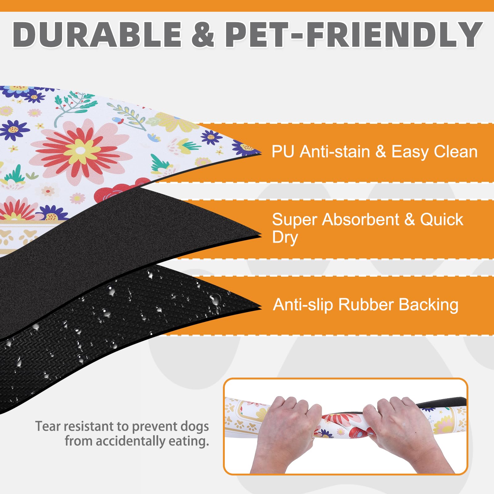 KOOLTAIL dog food mat shows waterproof backing to protect floors from spills