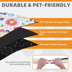 KOOLTAIL dog food mat shows waterproof backing to protect floors from spills