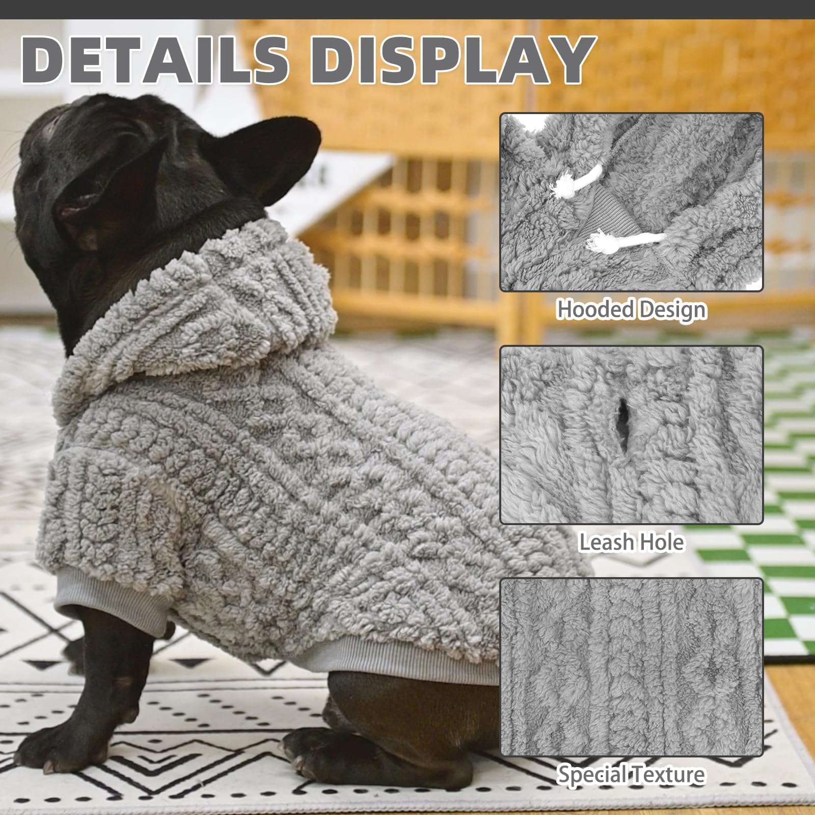 Kooltail adjustable-drawstring hood on dog sweater hoodie.