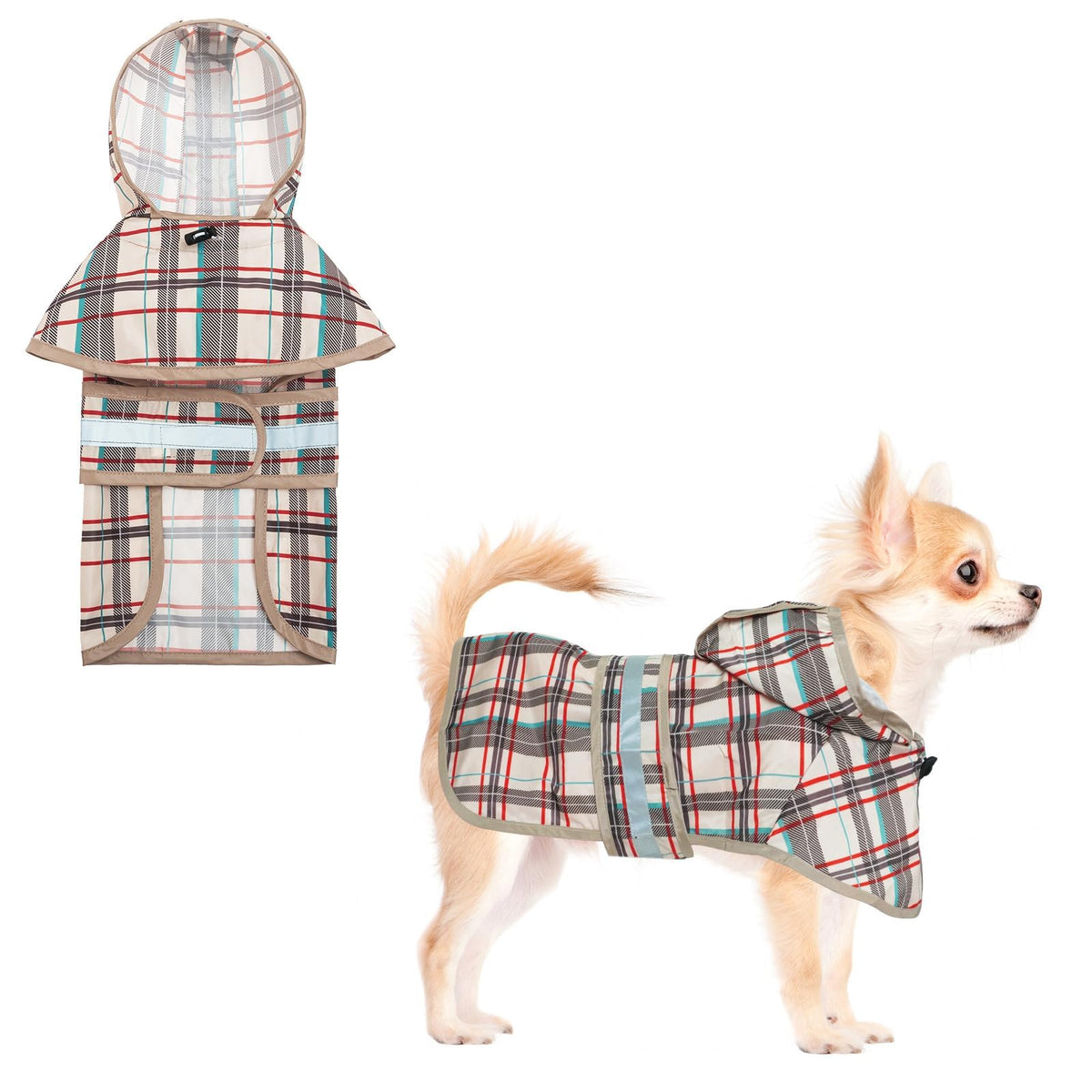 KOOLTAIL dog raincoat hooded slicker beige XS worn on a small dog for rain protection.