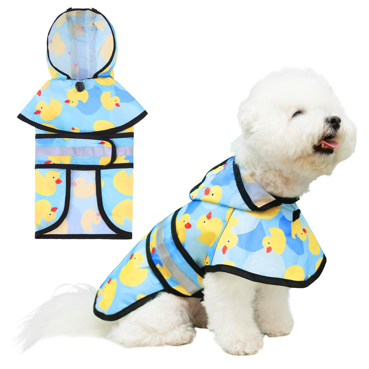 KOOLTAIL dog raincoat front view with hood and yellow duck print for rain.