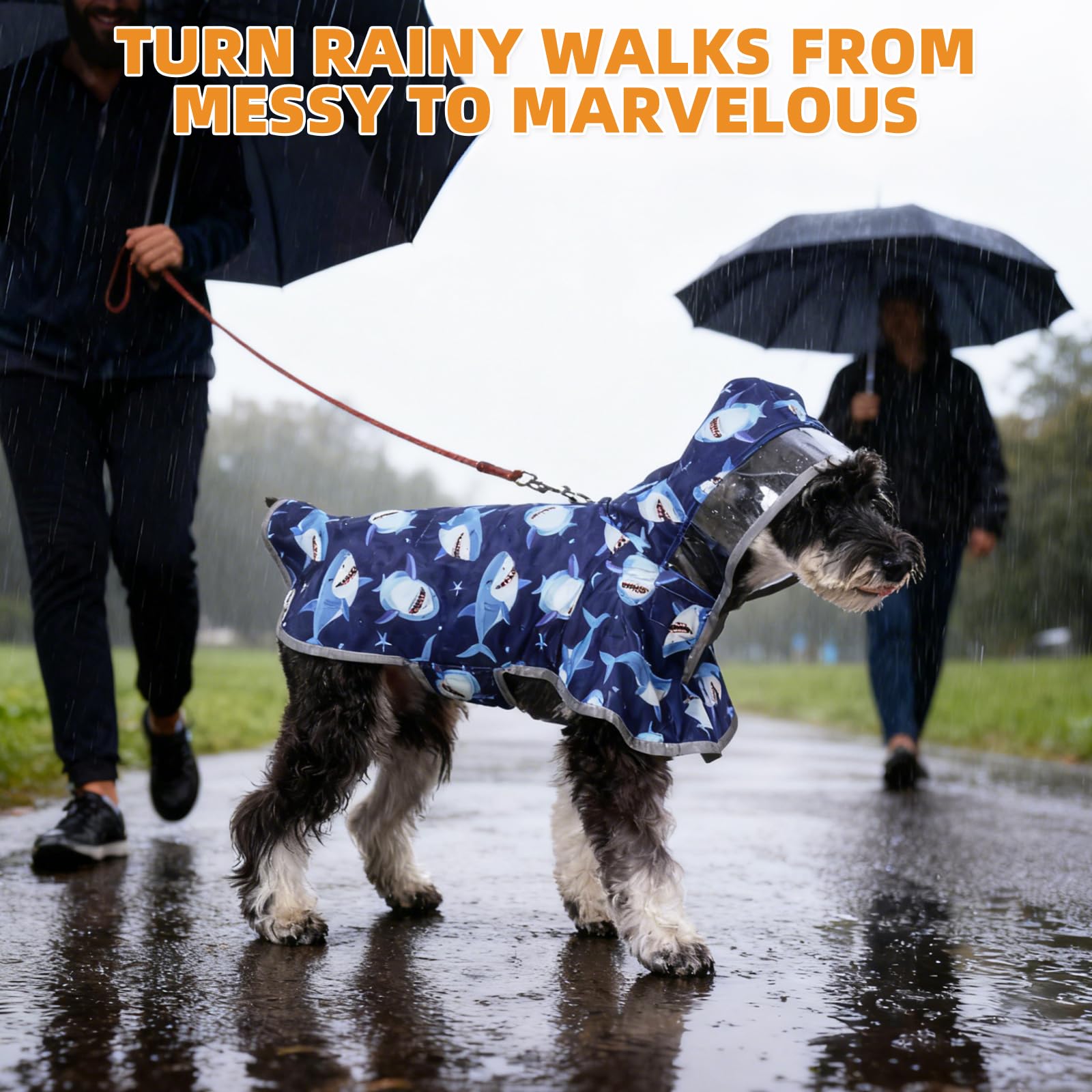KOOLTAIL Dog Raincoat leash port on back for easy harness attachment.