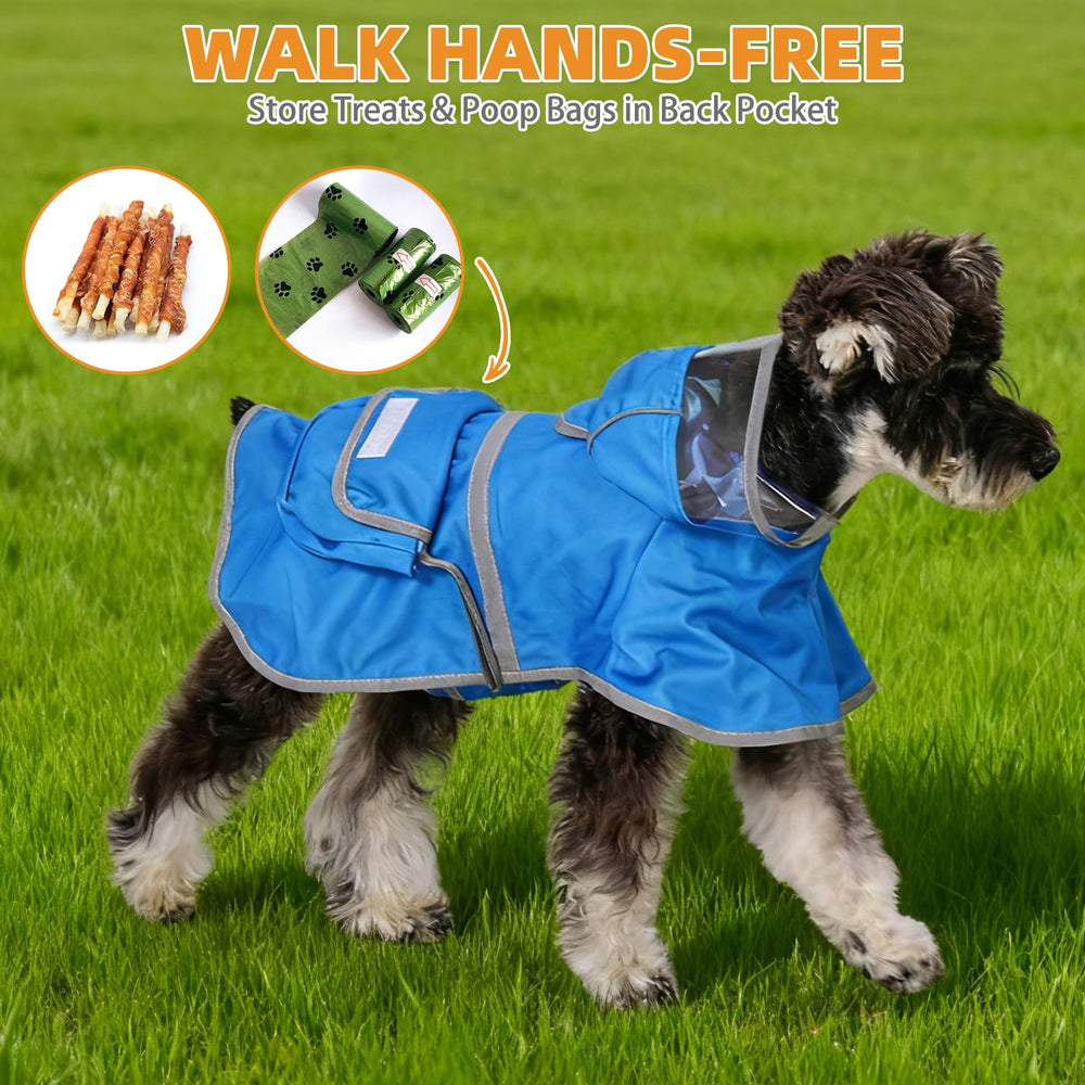 KOOLTAIL dog raincoat stores in-pouch for easy packing and travel.